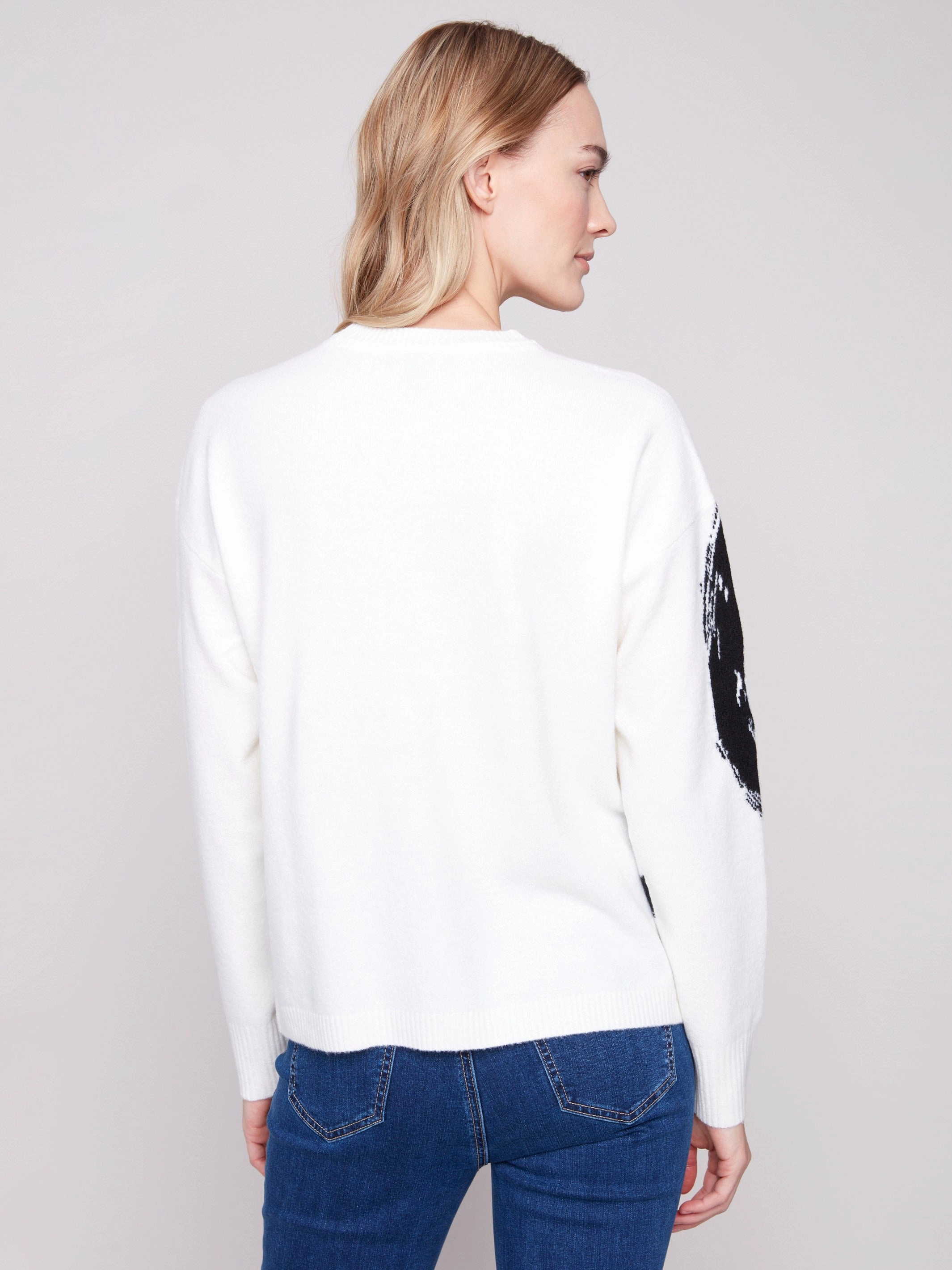 Placed Jacquard Crew Neck Sweater - Ecru Chiffon