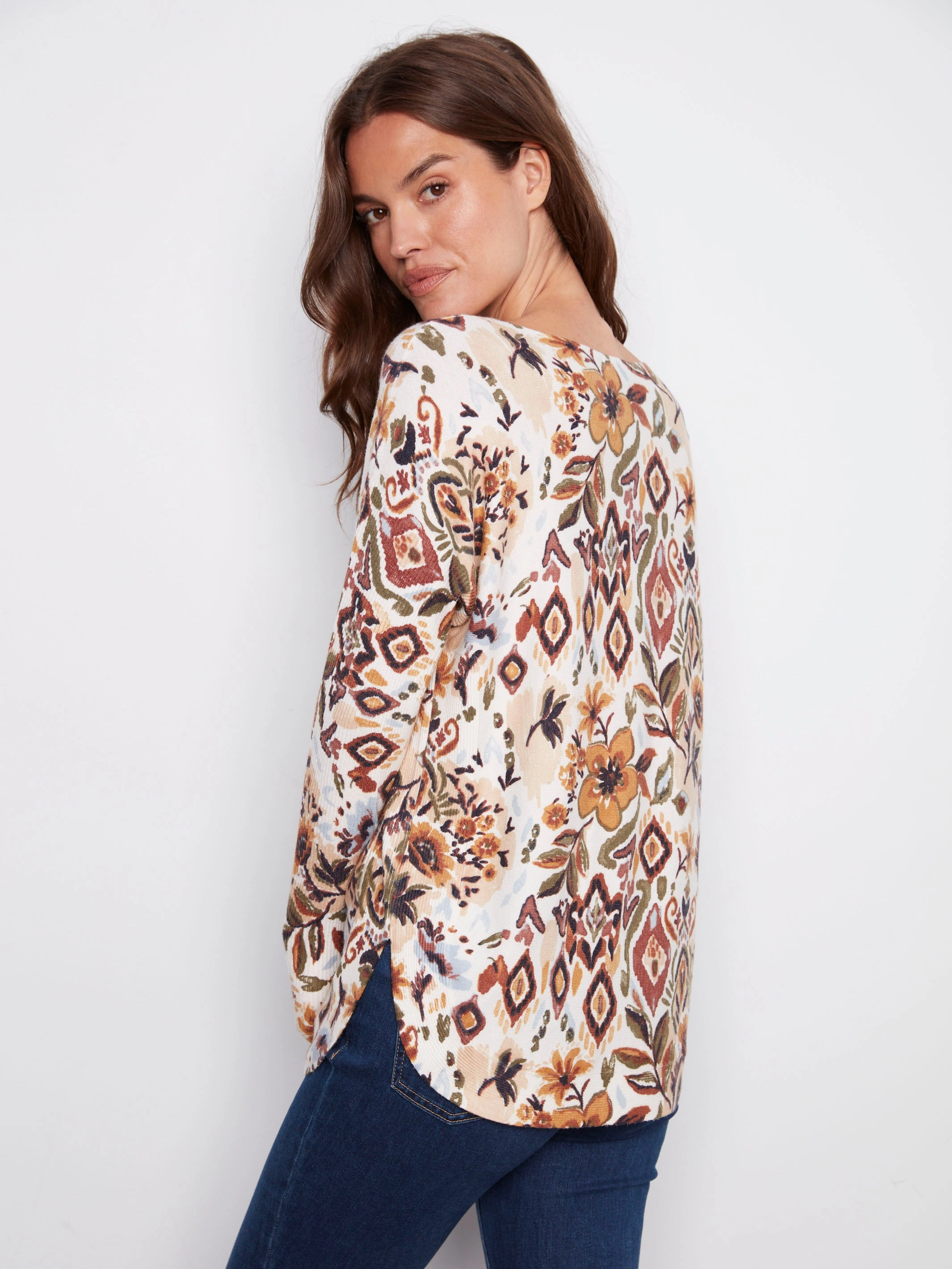 Airflow Mesh Ventilation Printed Rounded Hem Sweater - Jacobean