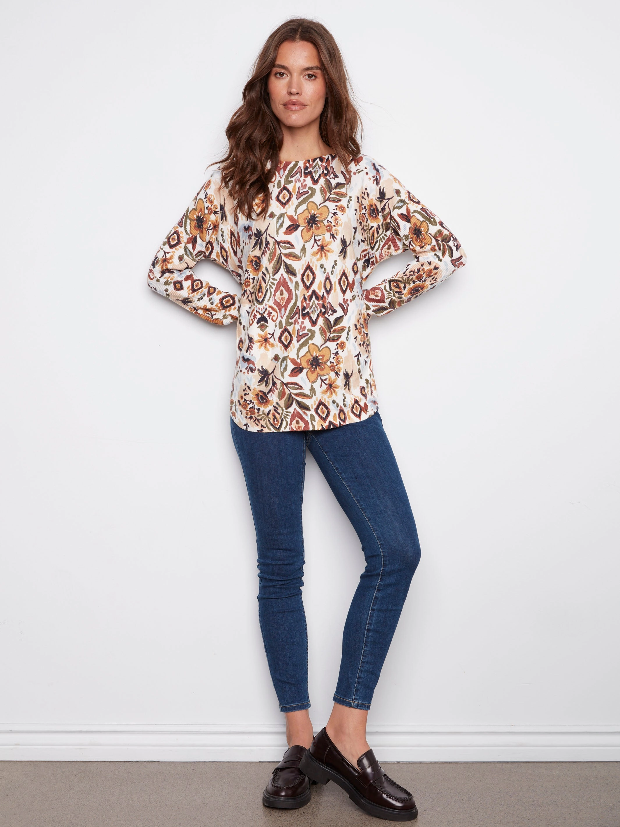 Mild Weather Printed Rounded Hem Sweater - Jacobean