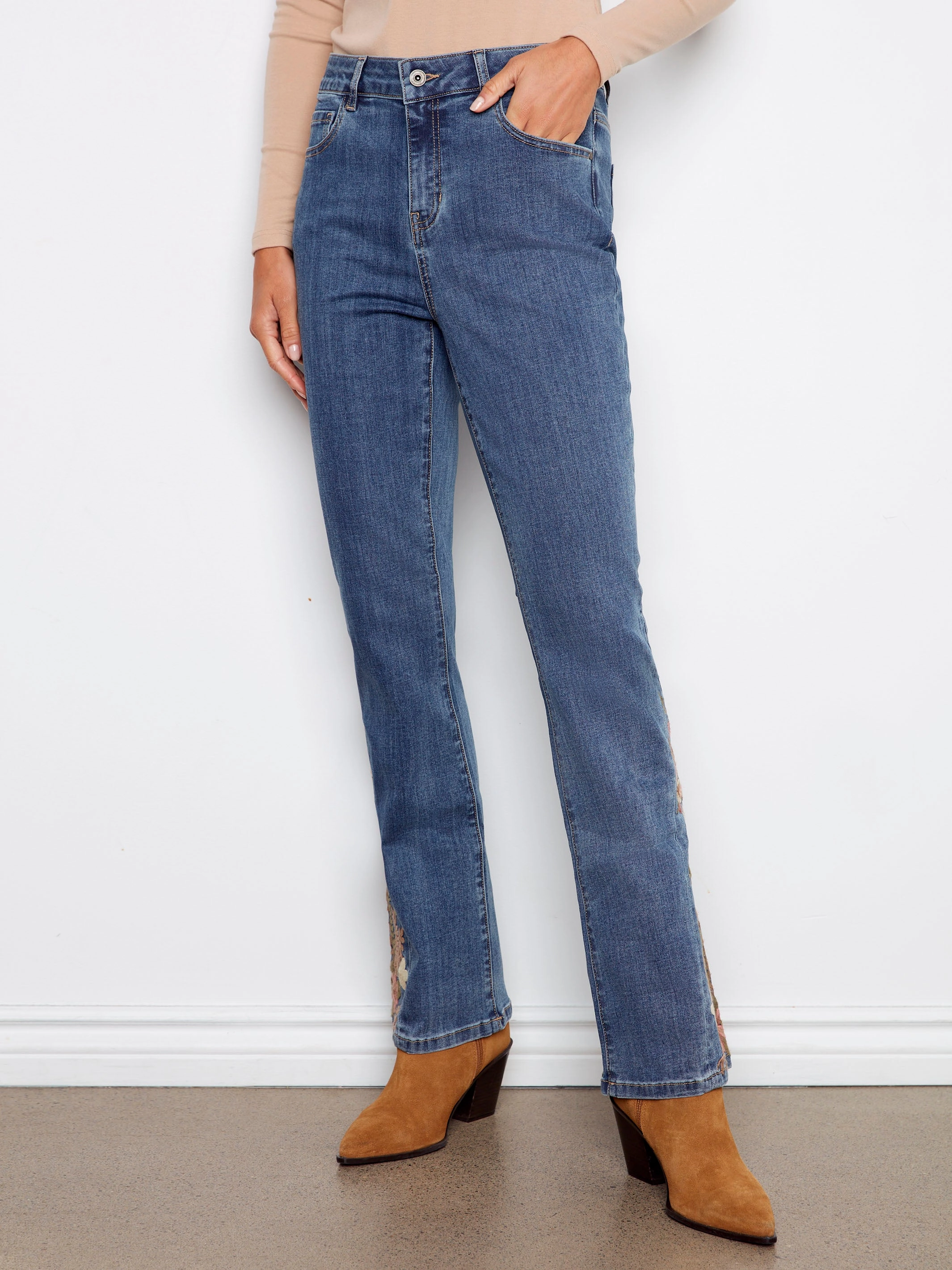 Bootcut Jeans With Floral Embroidery - Medium Blue Perfect For Daily Earthy Rainy Day City Walk