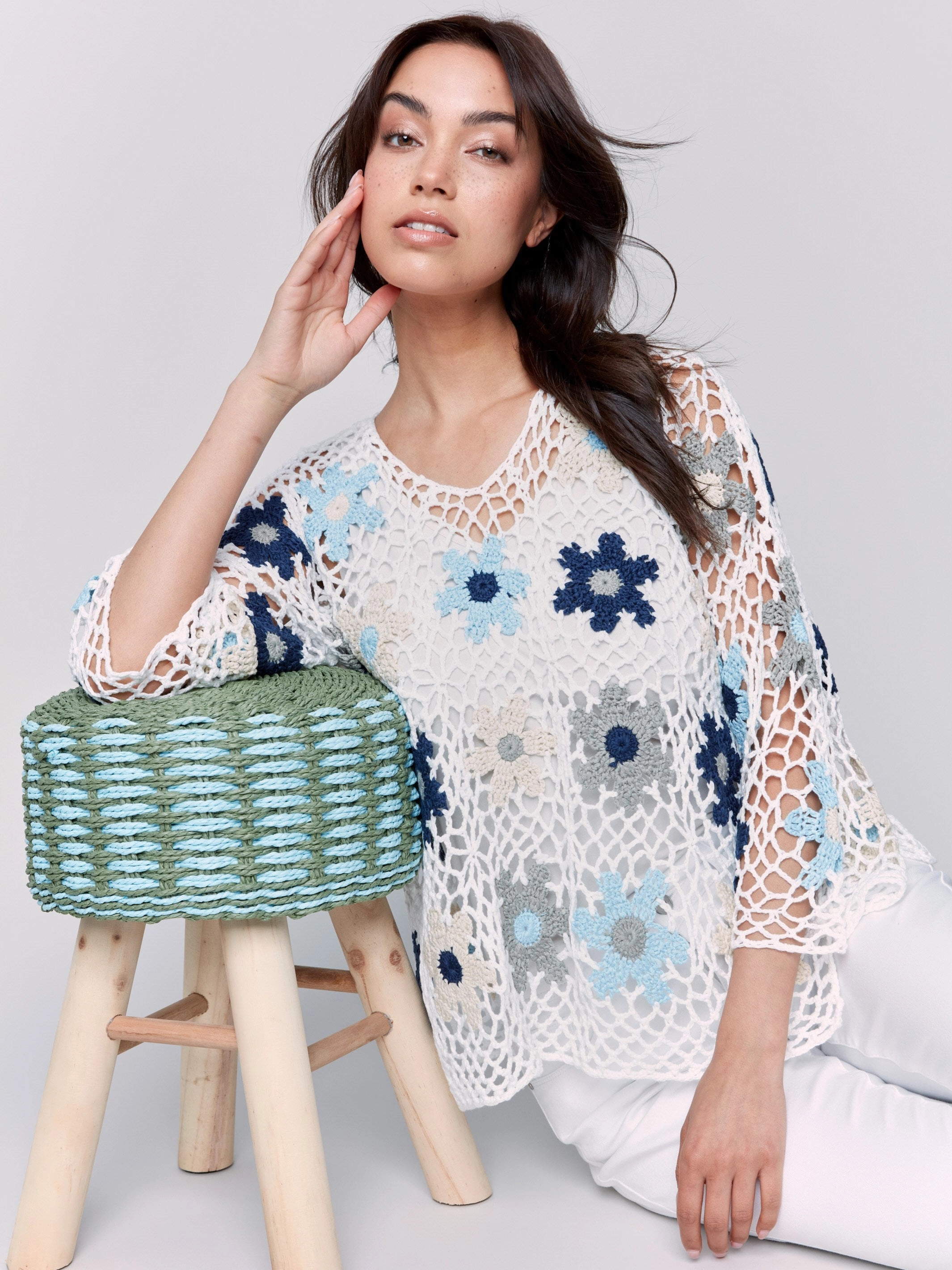 Flexible Fabric Stylish Design Handcrafted Floral Crochet Top - Blue