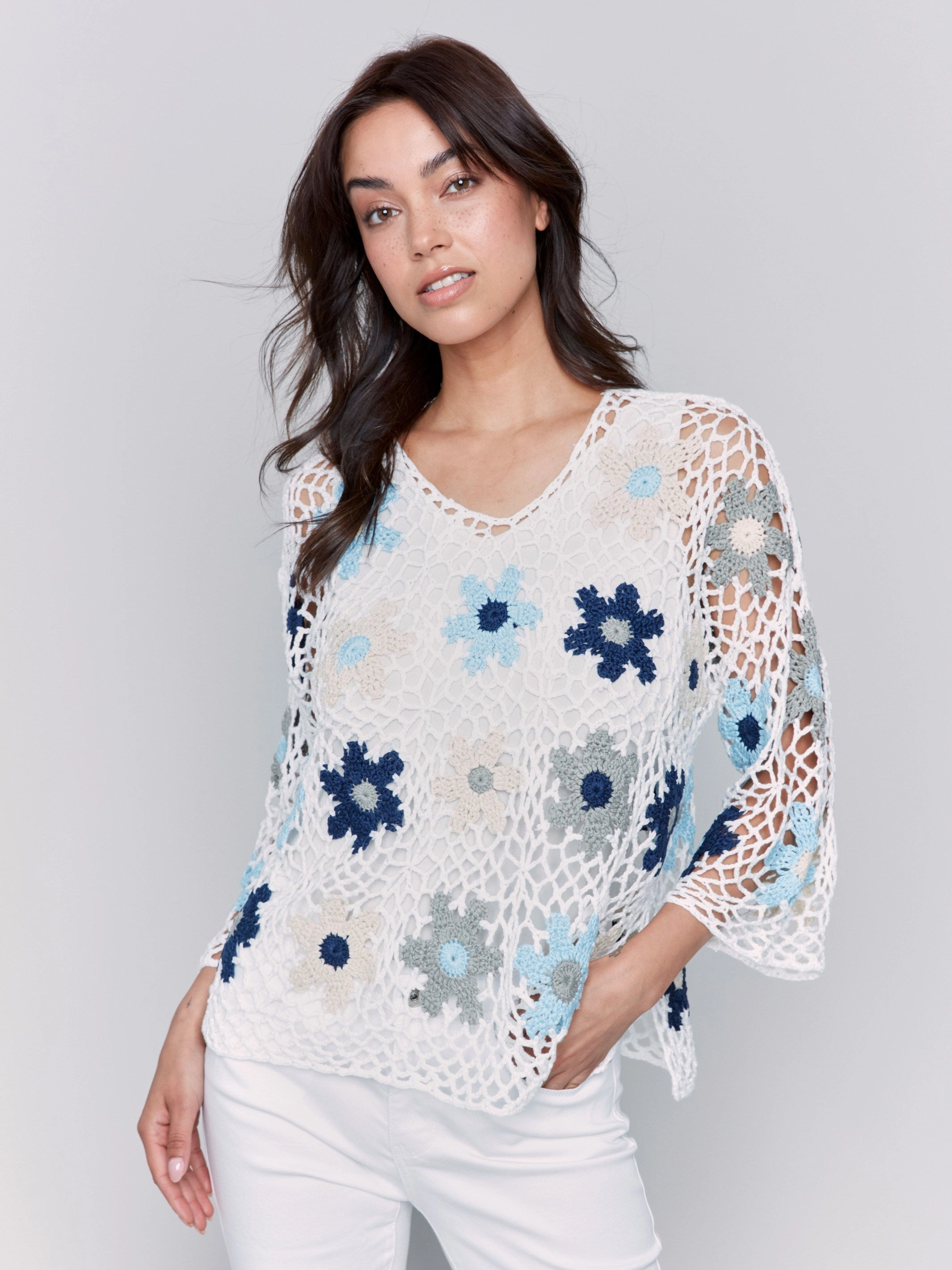 Handcrafted Floral Crochet Top - Blue Minimalist Look Cozy Fashion