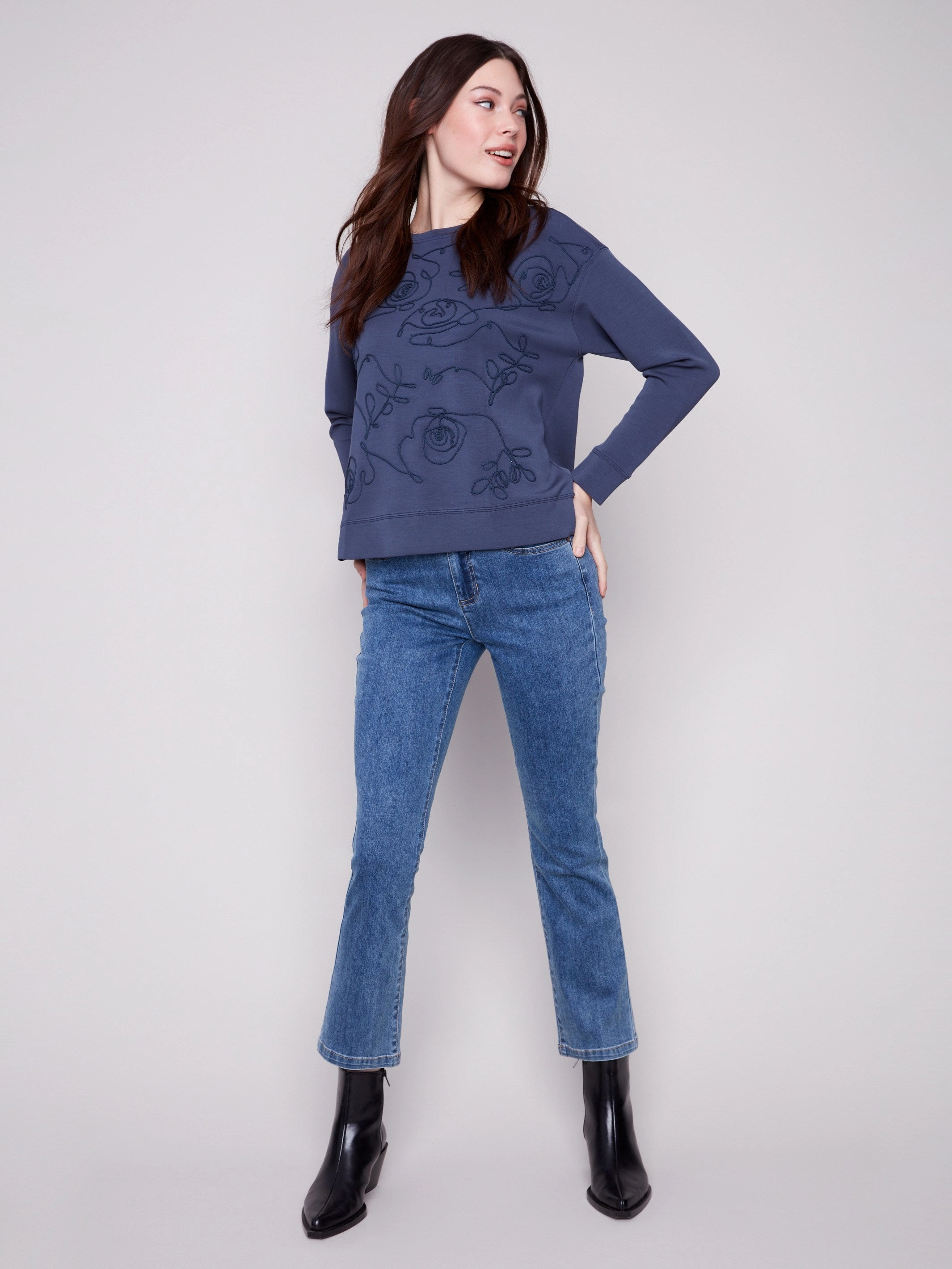 Anti Bacterial Layer Water Repellent Finish Scuba Knit Top with Soutache Detail - Moonlight