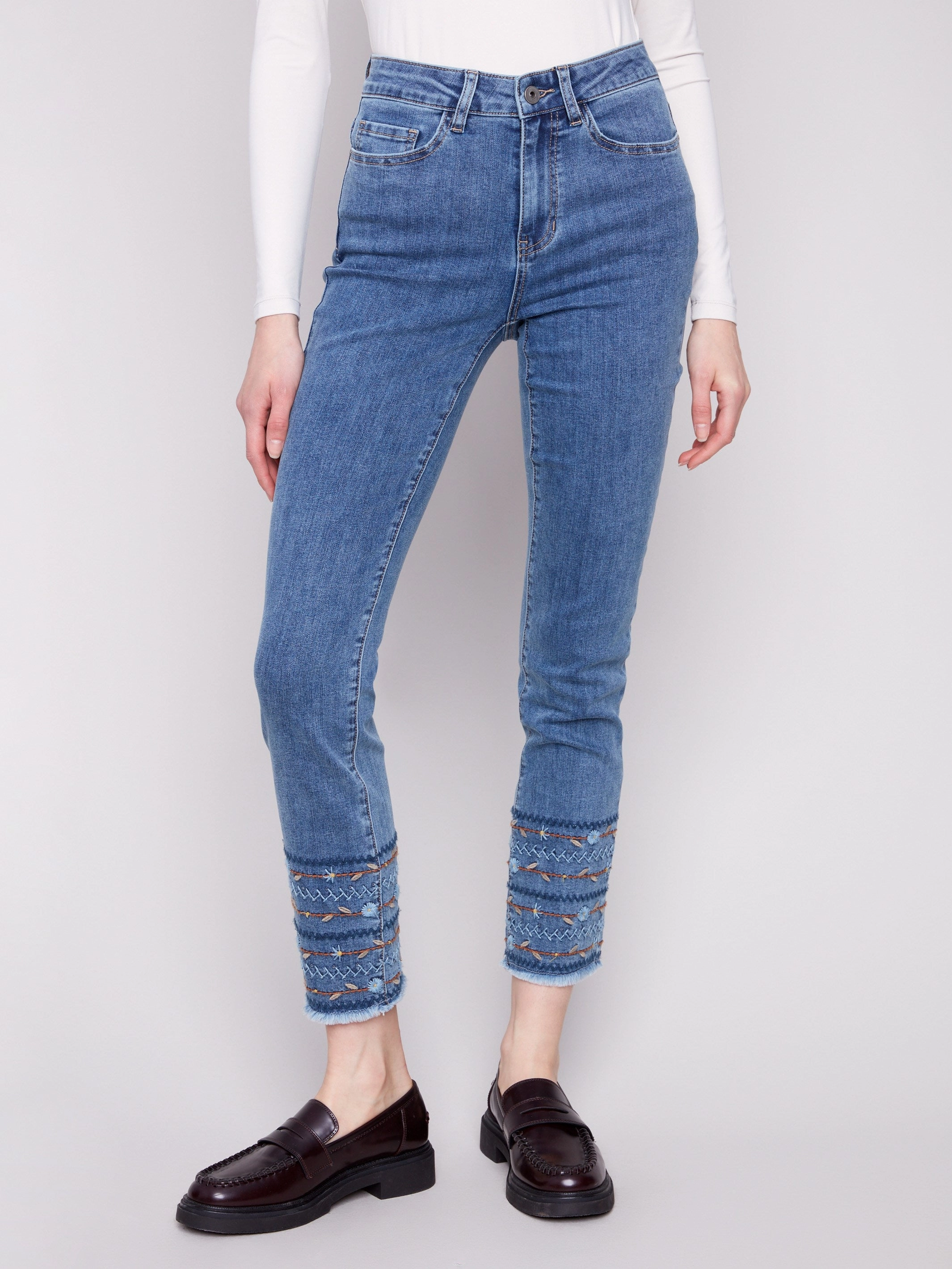 Embroidered Hem Jeans - Medium Blue Stretch Fabric