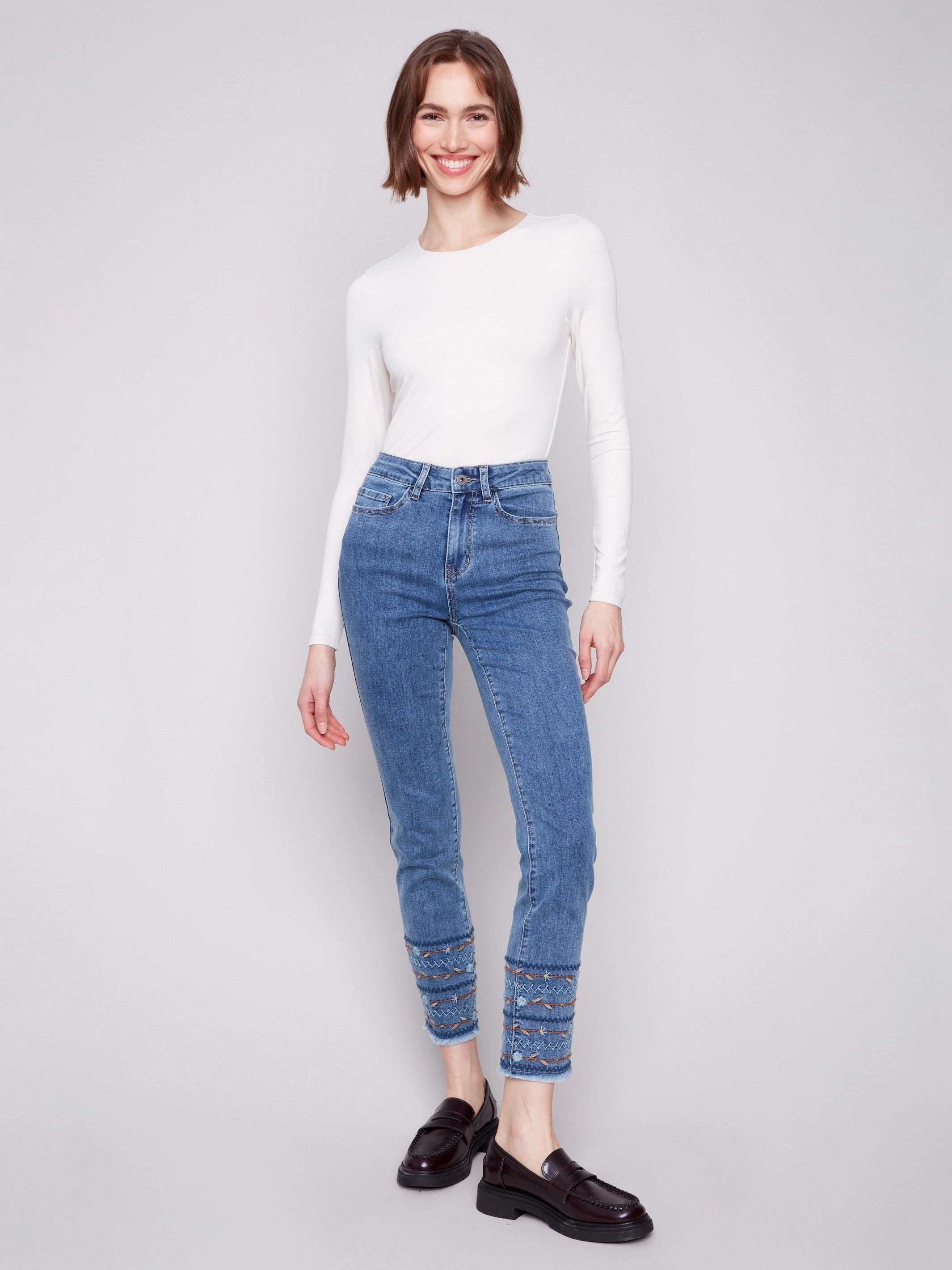Cool And Simple Move With Ease Embroidered Hem Jeans - Medium Blue