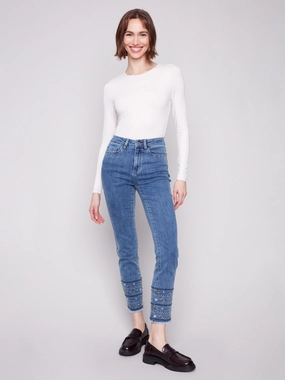 Cool And Simple Move With Ease Embroidered Hem Jeans - Medium Blue