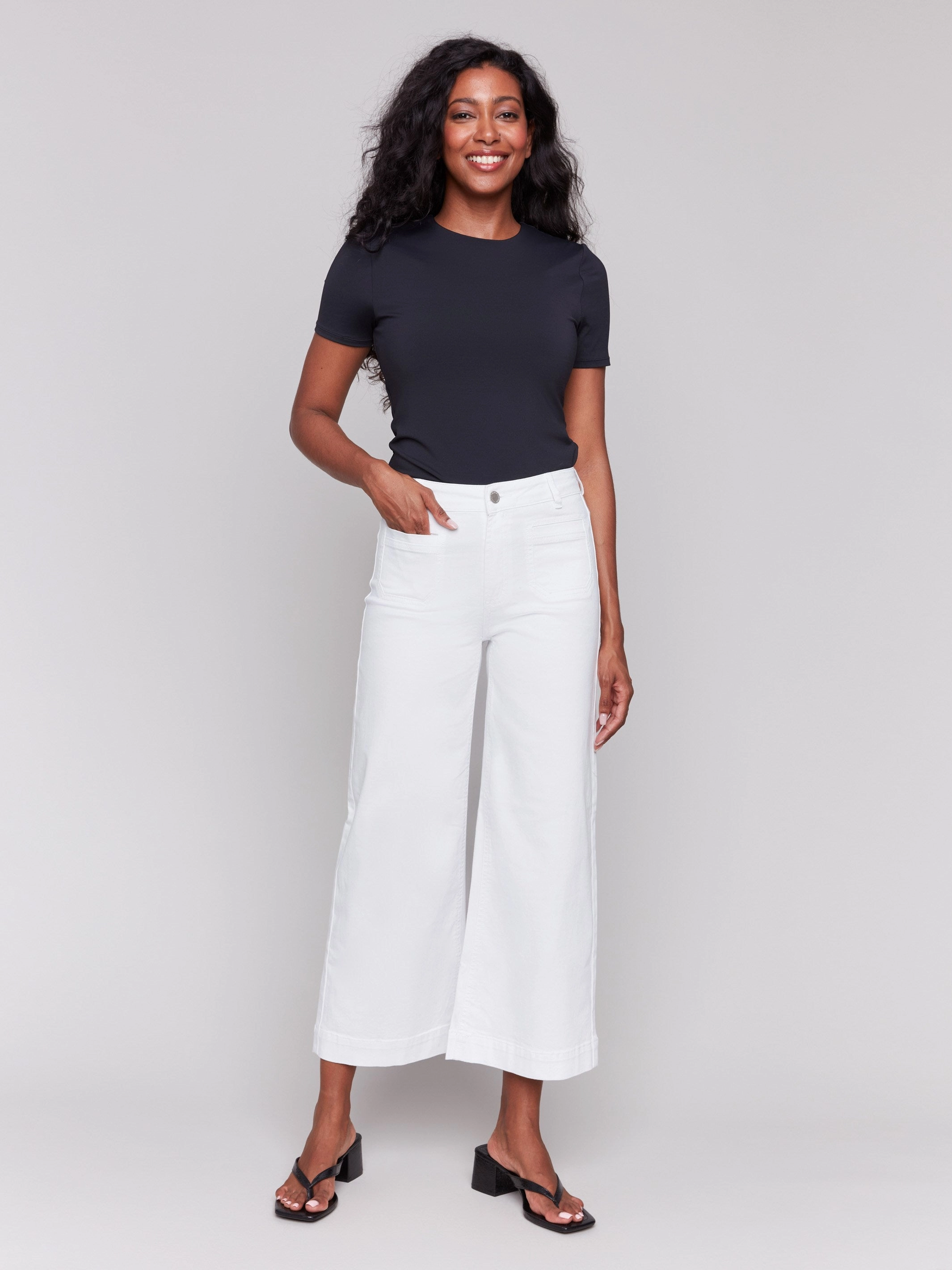 Family Style Elegant Patch Pocket Flare Twill Pants - White