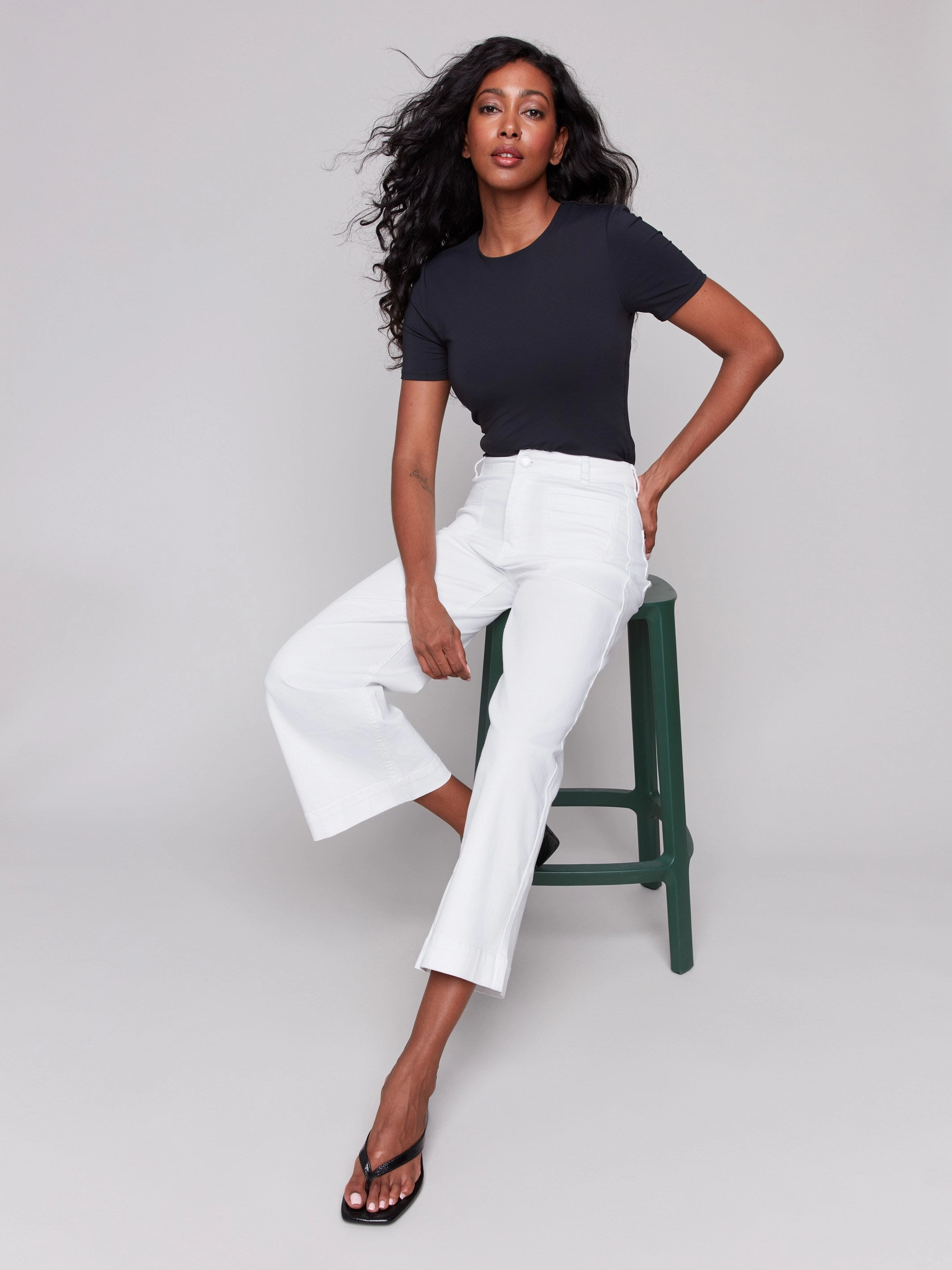 Patch Pocket Flare Twill Pants - White Elegant Travel Outfit Minimalist Style Neutral Daily Wear Adult Fashion