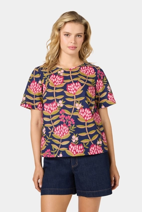 NonFadeFinish NoiseReduciting Zipper Protea Flower Short Sleeve Top