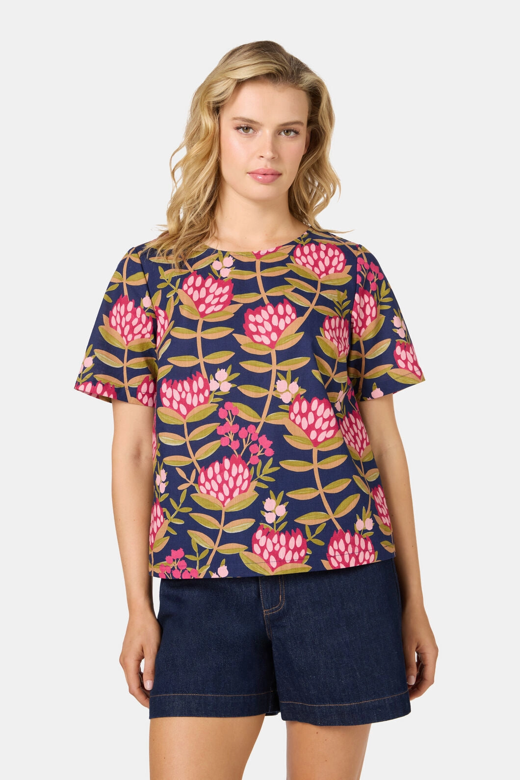 HighCollar Design Protea Flower Short Sleeve Top