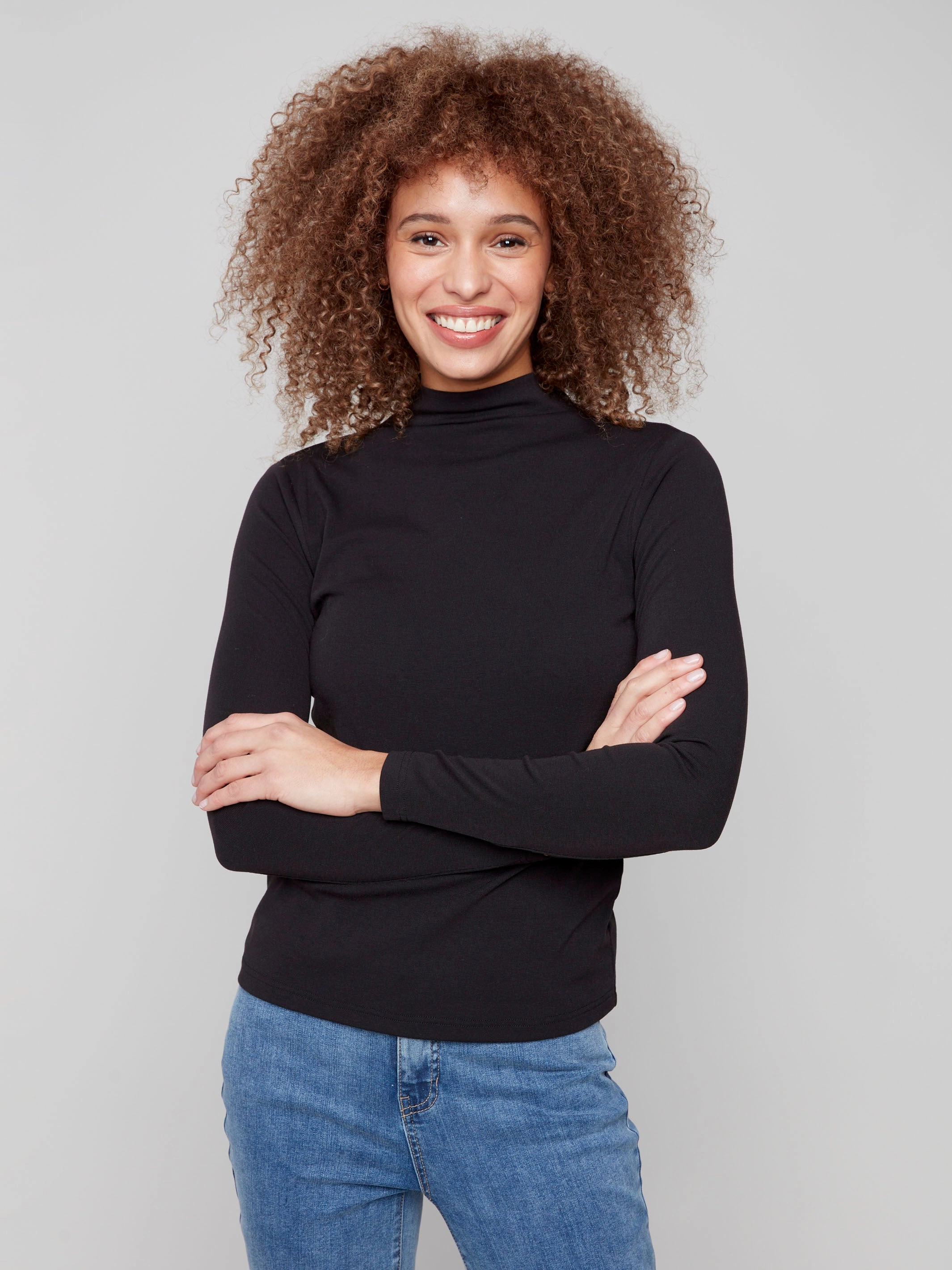 Long Sleeve Mock Neck Top - Black Acrylic Tall