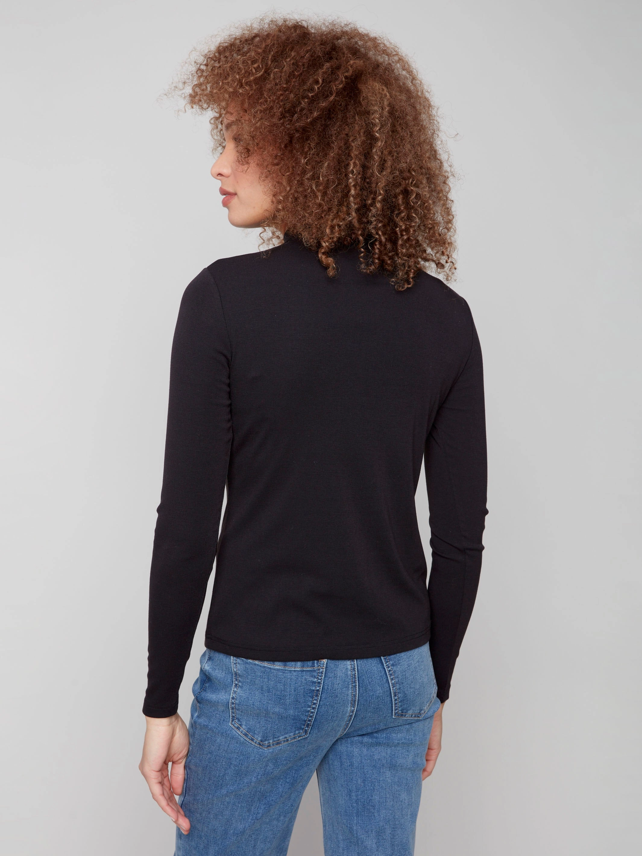 Classic Cut Long Sleeve Mock Neck Top - Black