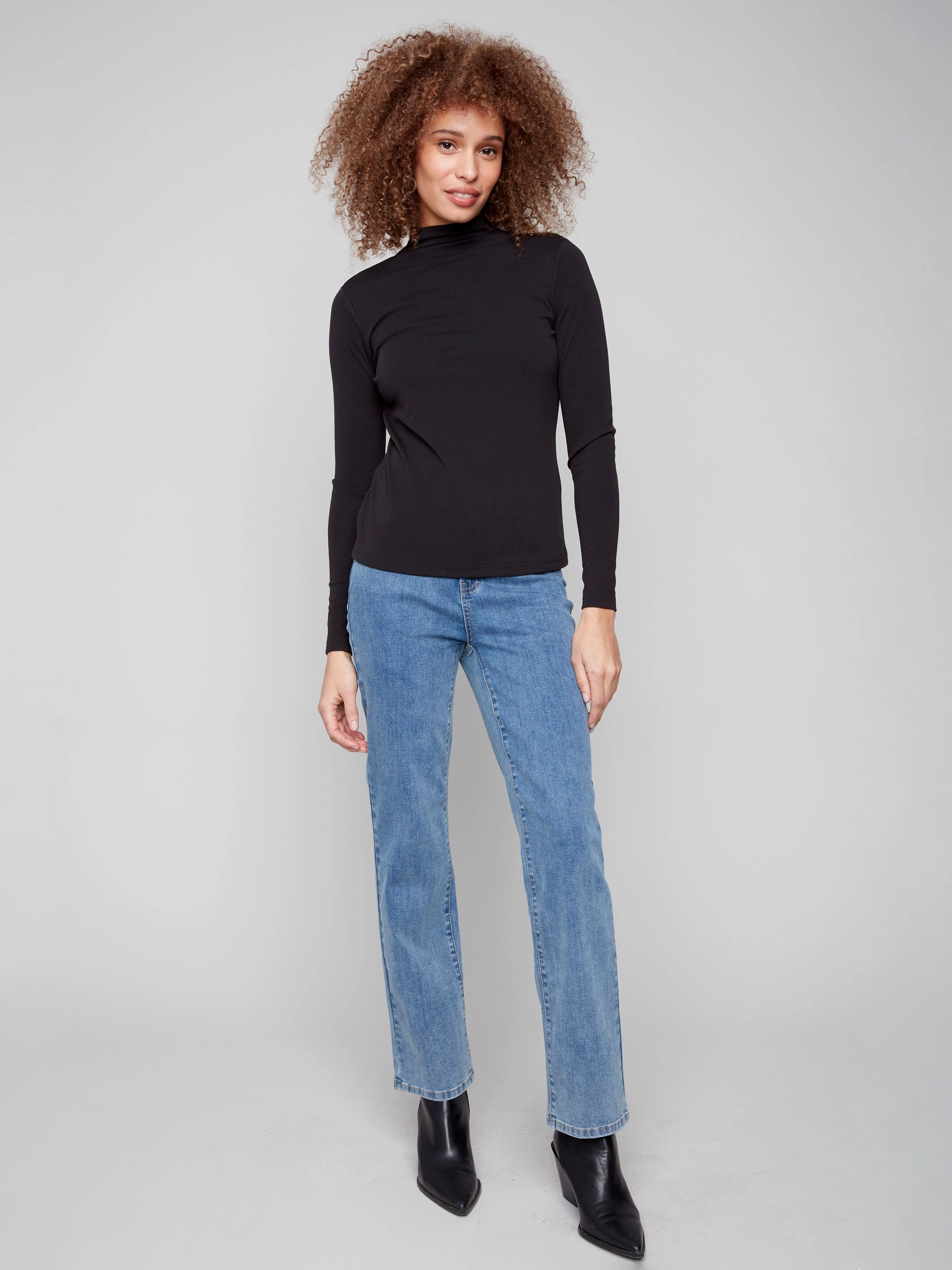 Long Sleeve Mock Neck Top - Black Water Repellent Coating Drop Shoulder Silhouette