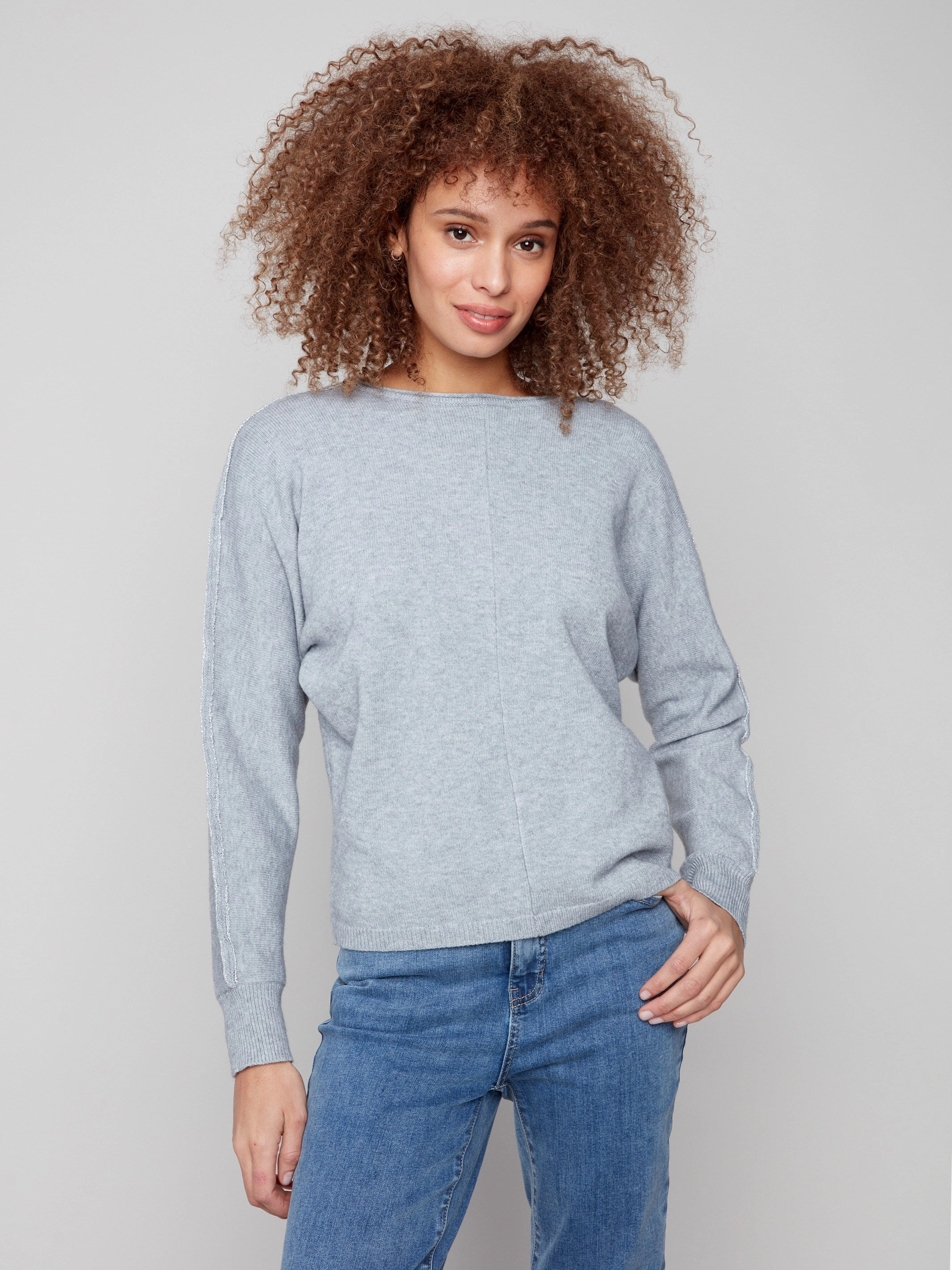 Sweater With Metallic Sleeve Detail - Heather Grey Anti Static Treatment