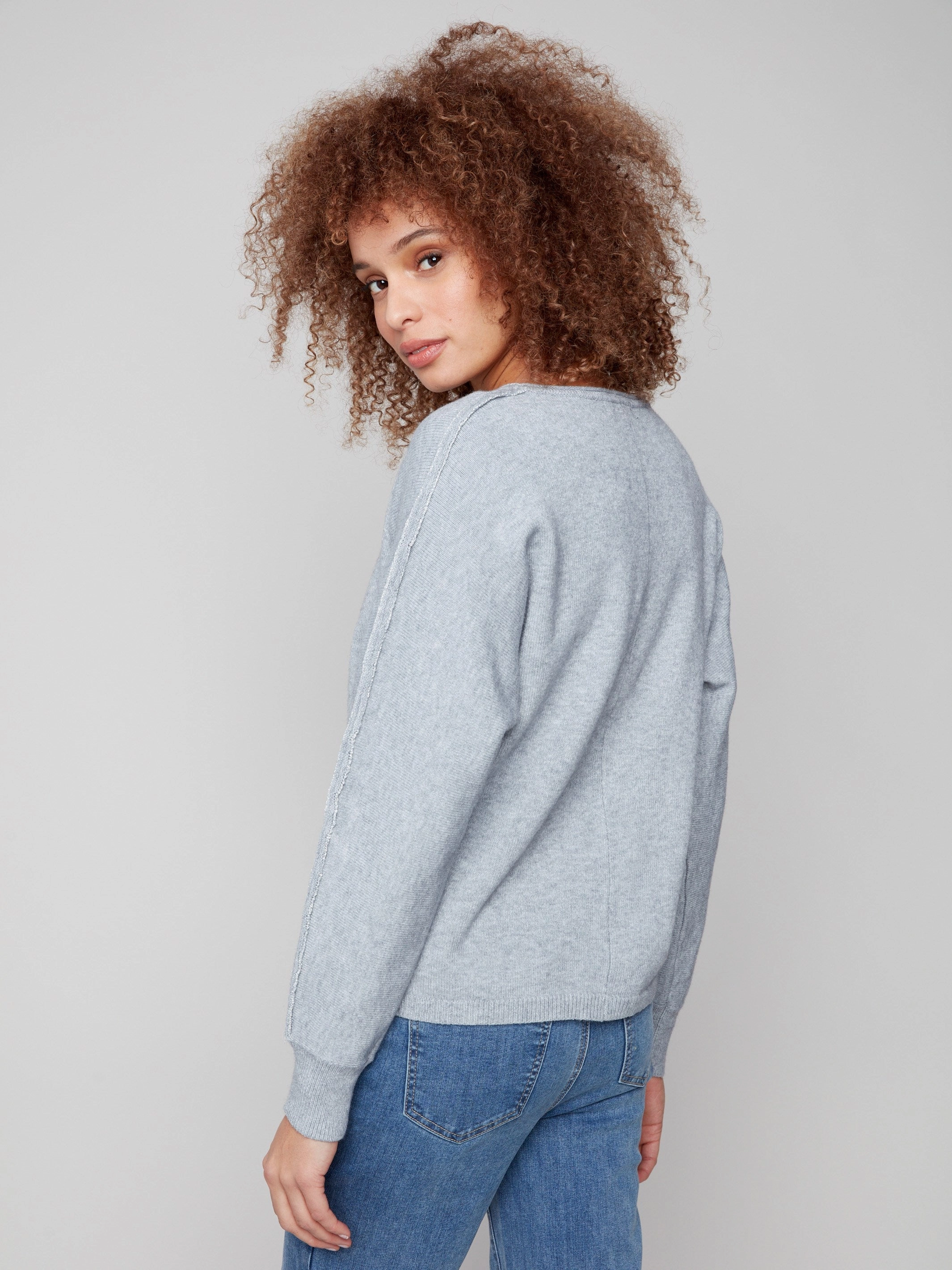Sweater With Metallic Sleeve Detail - Heather Grey Cleaning Figurine