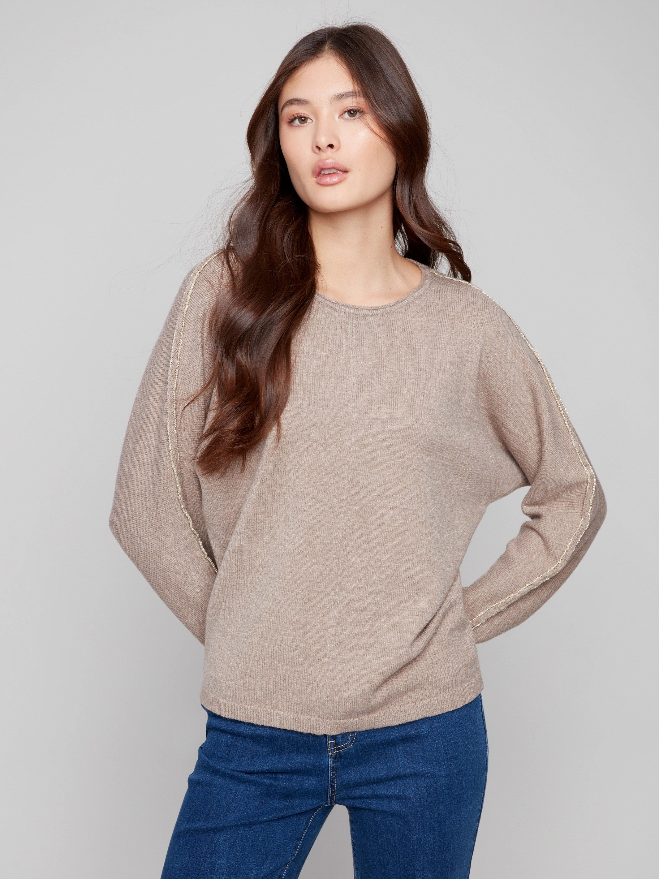 Sweater With Metallic Sleeve Detail - Heather Taupe Affordable
