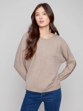 Sweater With Metallic Sleeve Detail - Heather Taupe Affordable