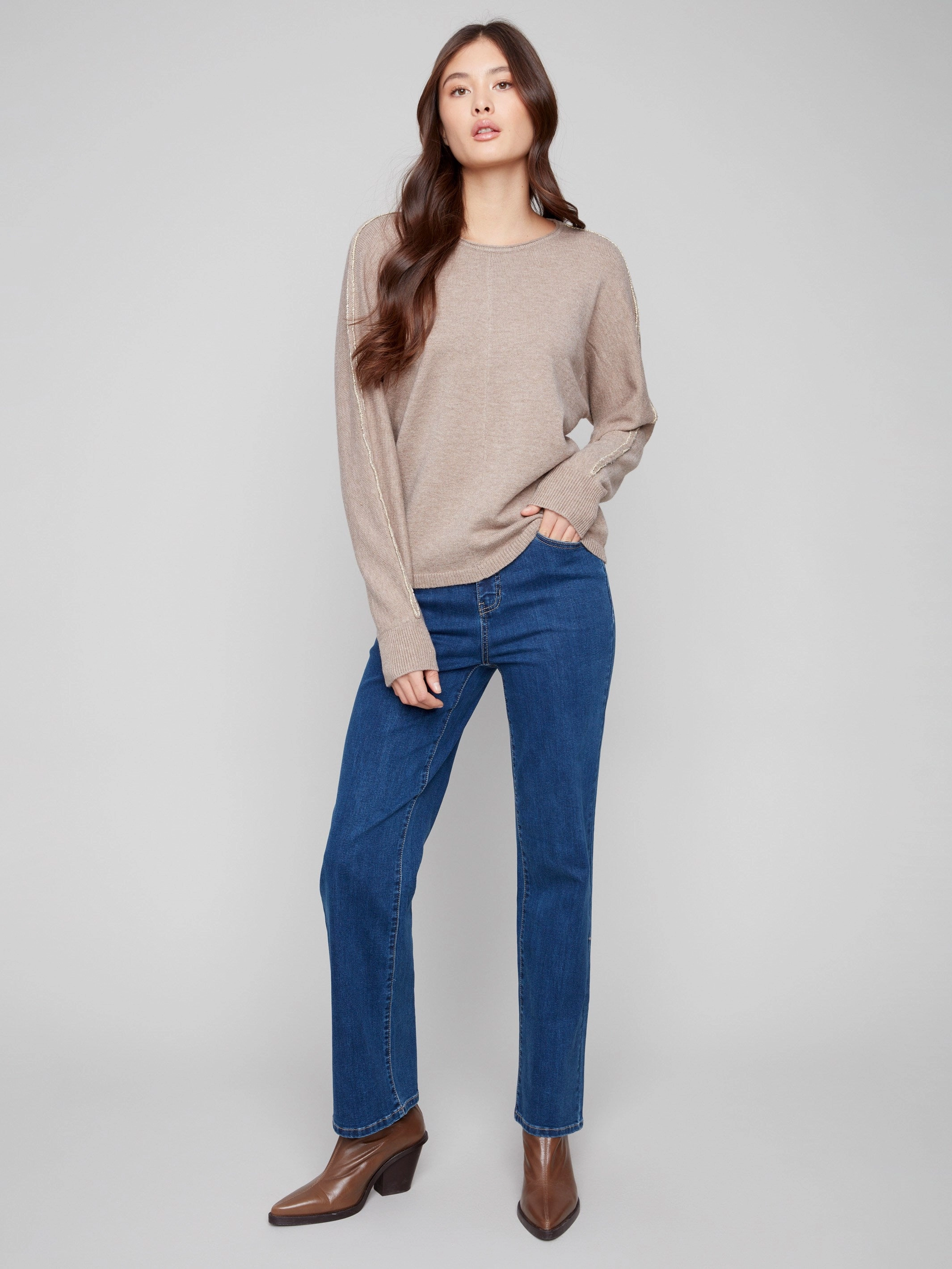 Sweater With Metallic Sleeve Detail - Heather Taupe Socks