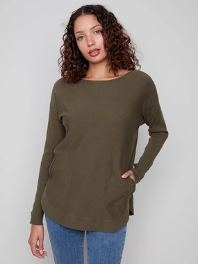 Knit Sweater With Lace-Up Cuffs - Spruce Arid zone
