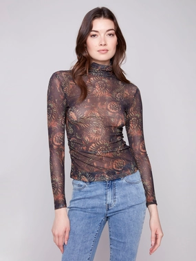 Printed Mock Neck Mesh Top - Spruce HighStrength Threadwork Reinforced Hem Stitching
