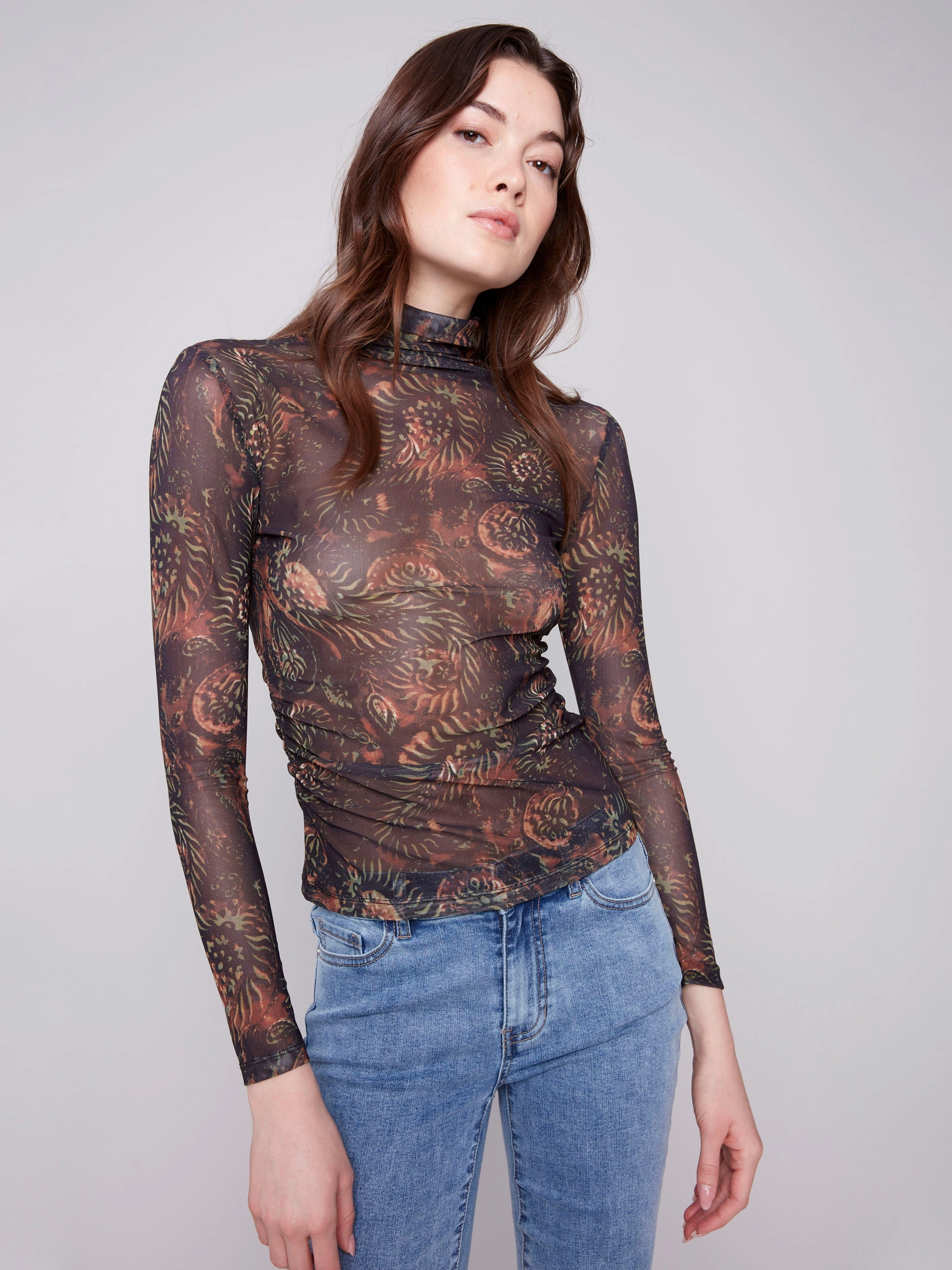 Durable Stitch Pattern Printed Mock Neck Mesh Top - Spruce