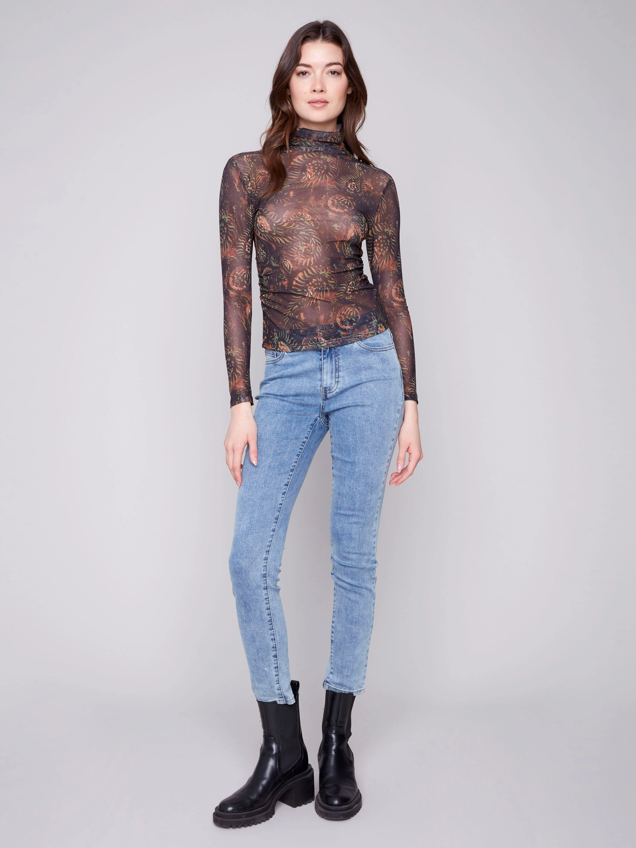 NonScratchyLining Printed Mock Neck Mesh Top - Spruce