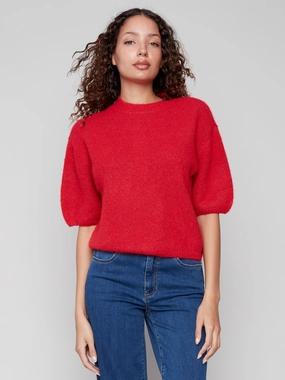 Smooth Finish Balloon Elbow Sleeve Knit Sweater - Crimson