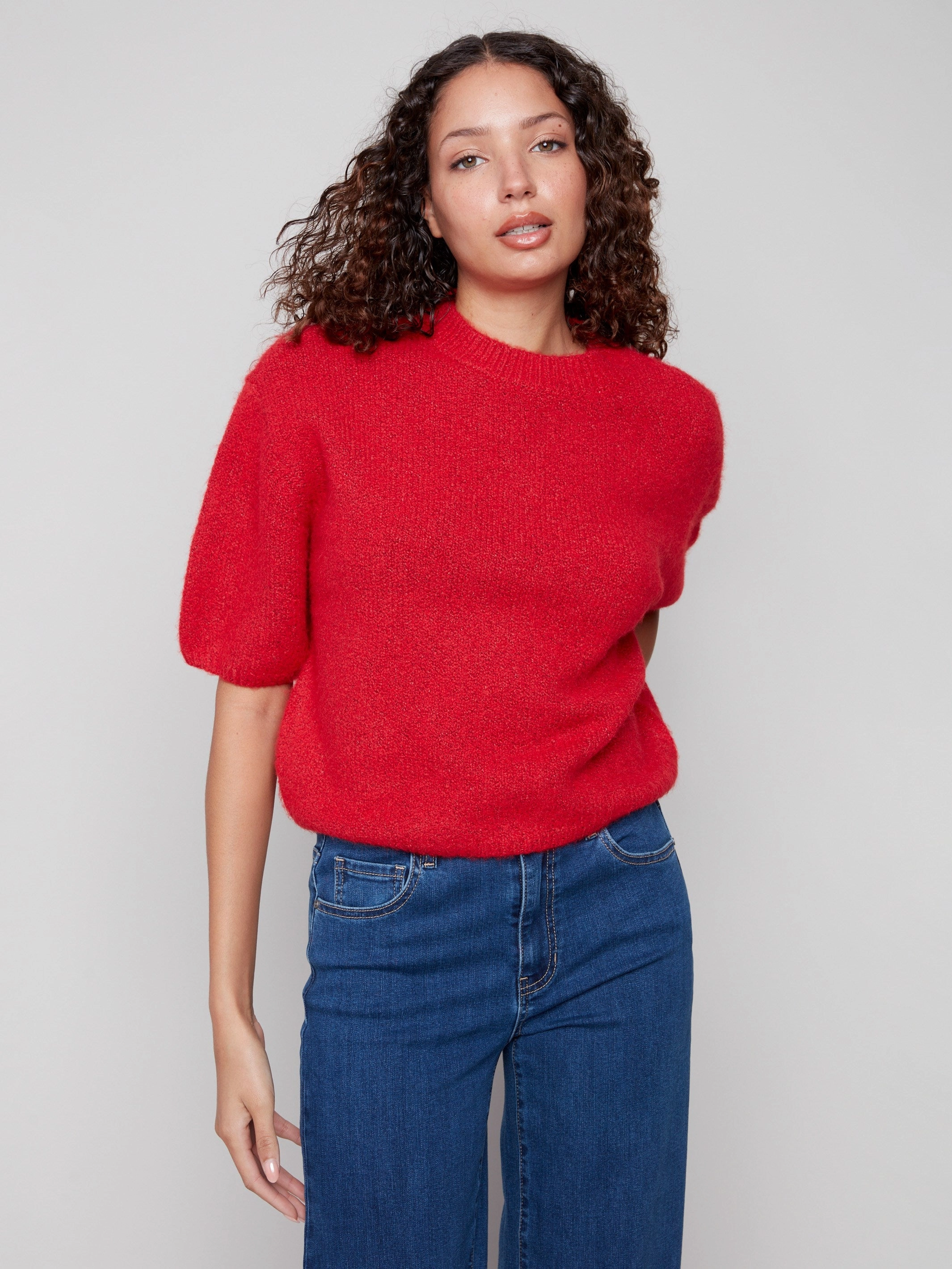 Chic Outfit Chilly Wear Balloon Elbow Sleeve Knit Sweater - Crimson