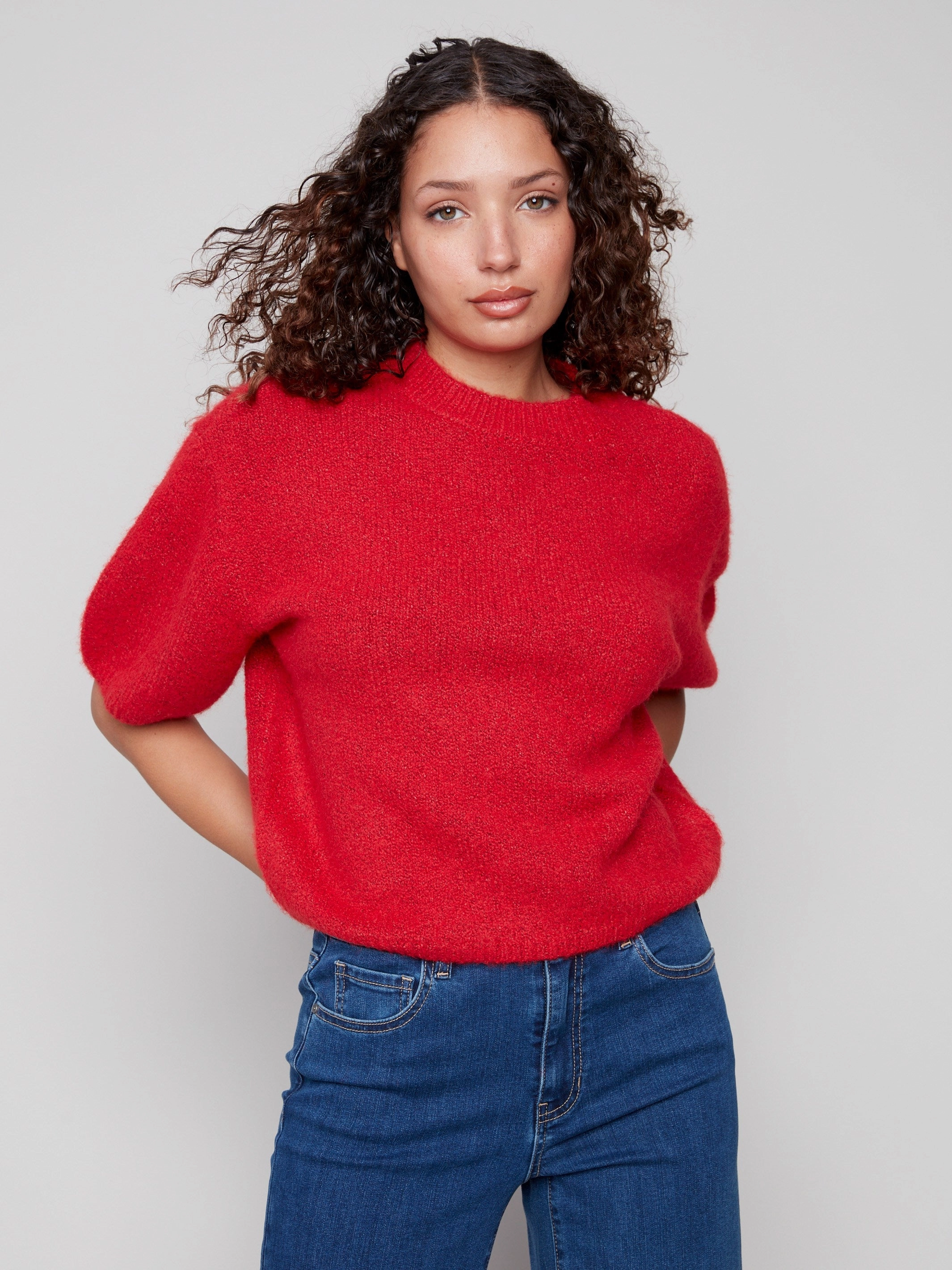 Comfort Stretch Balloon Elbow Sleeve Knit Sweater - Crimson