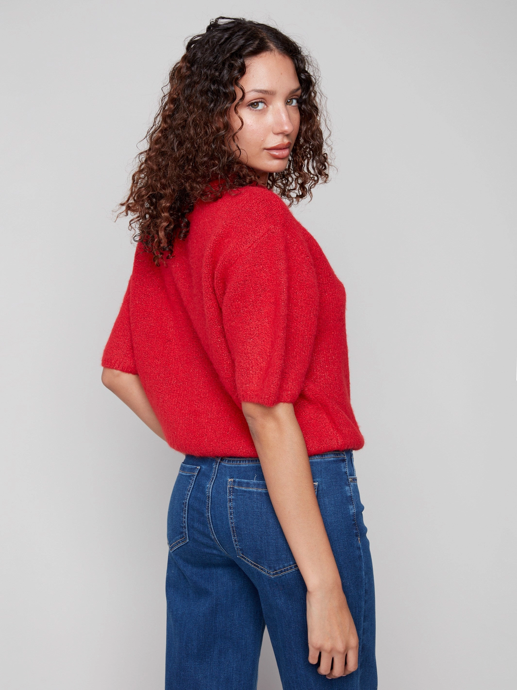 Layering Comfort Wear Balloon Elbow Sleeve Knit Sweater - Crimson