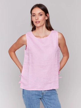 Sleeveless Linen Blend Top with Side Ties - Begonia Denim Blend