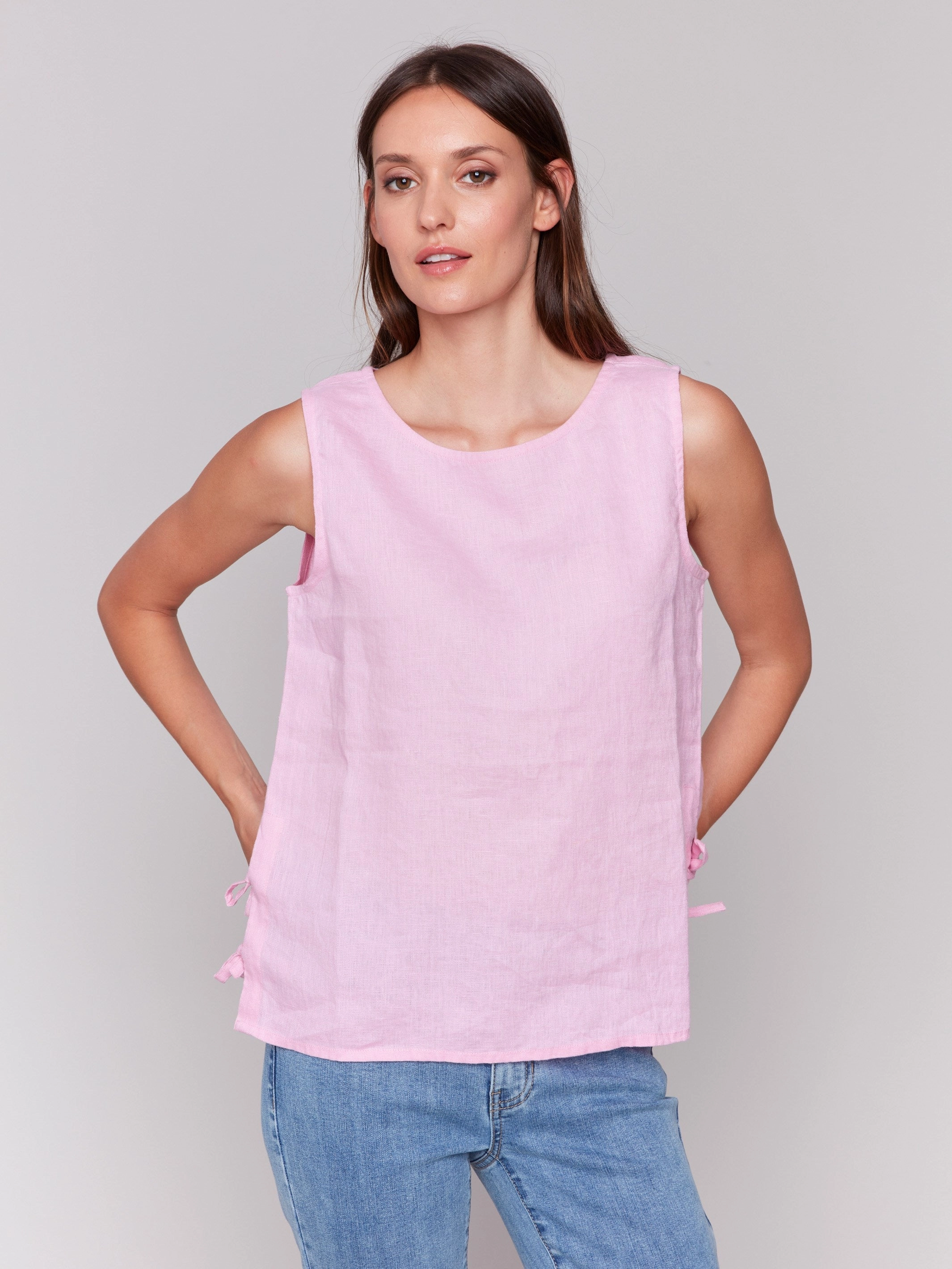 Sleeveless Linen Blend Top with Side Ties - Begonia Denim Blend