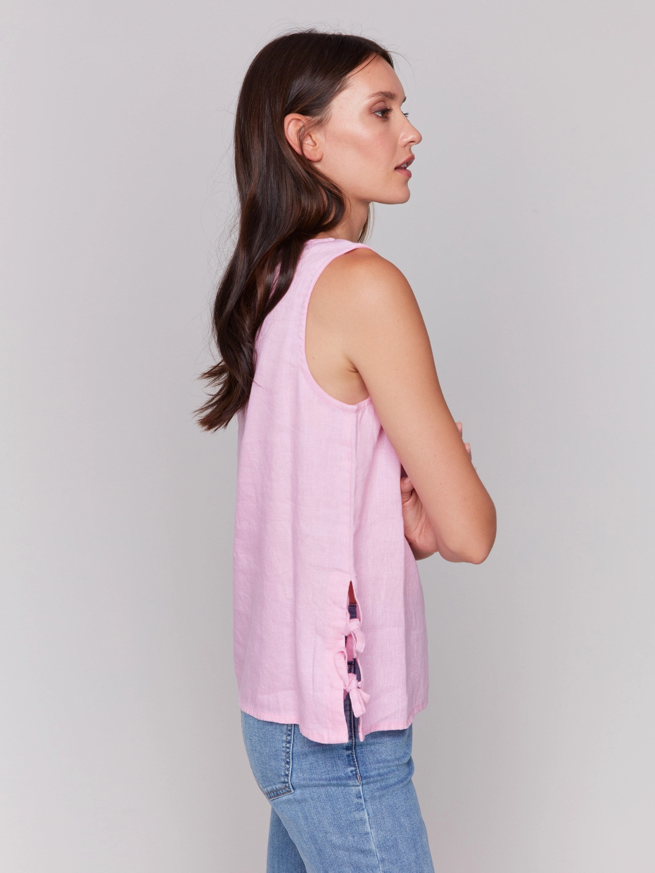 Odor Control Fabric Sleeveless Linen Blend Top with Side Ties - Begonia