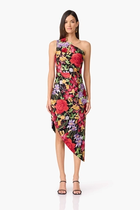 Talia Asymmetrical Midi Dress in Black Floral Vibrant evening gown Chilly Weather Layer