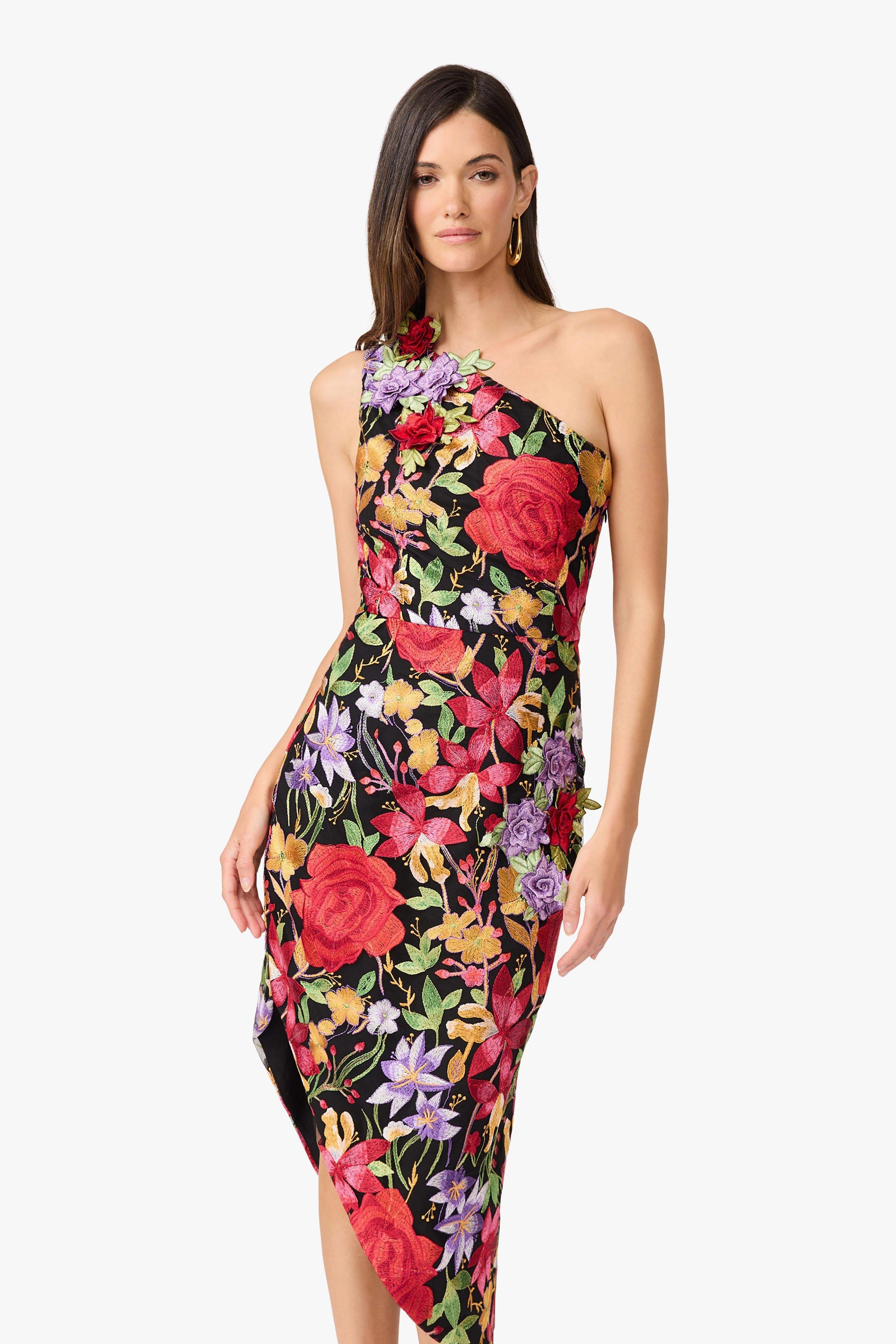 Everyday Ready Talia Asymmetrical Midi Dress in Black Floral