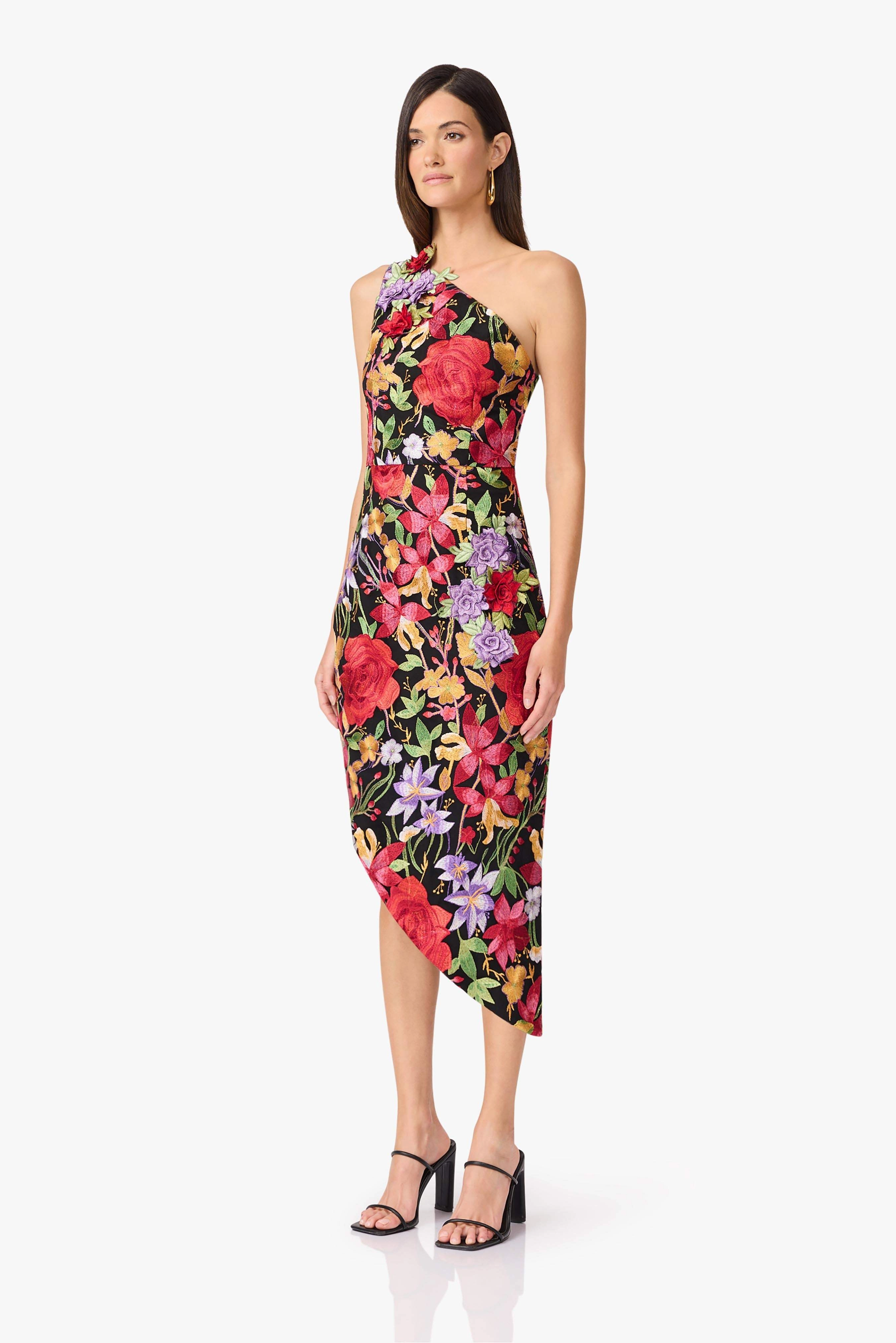 Talia Asymmetrical Midi Dress in Black Floral Flow Sleeve Aura Glow