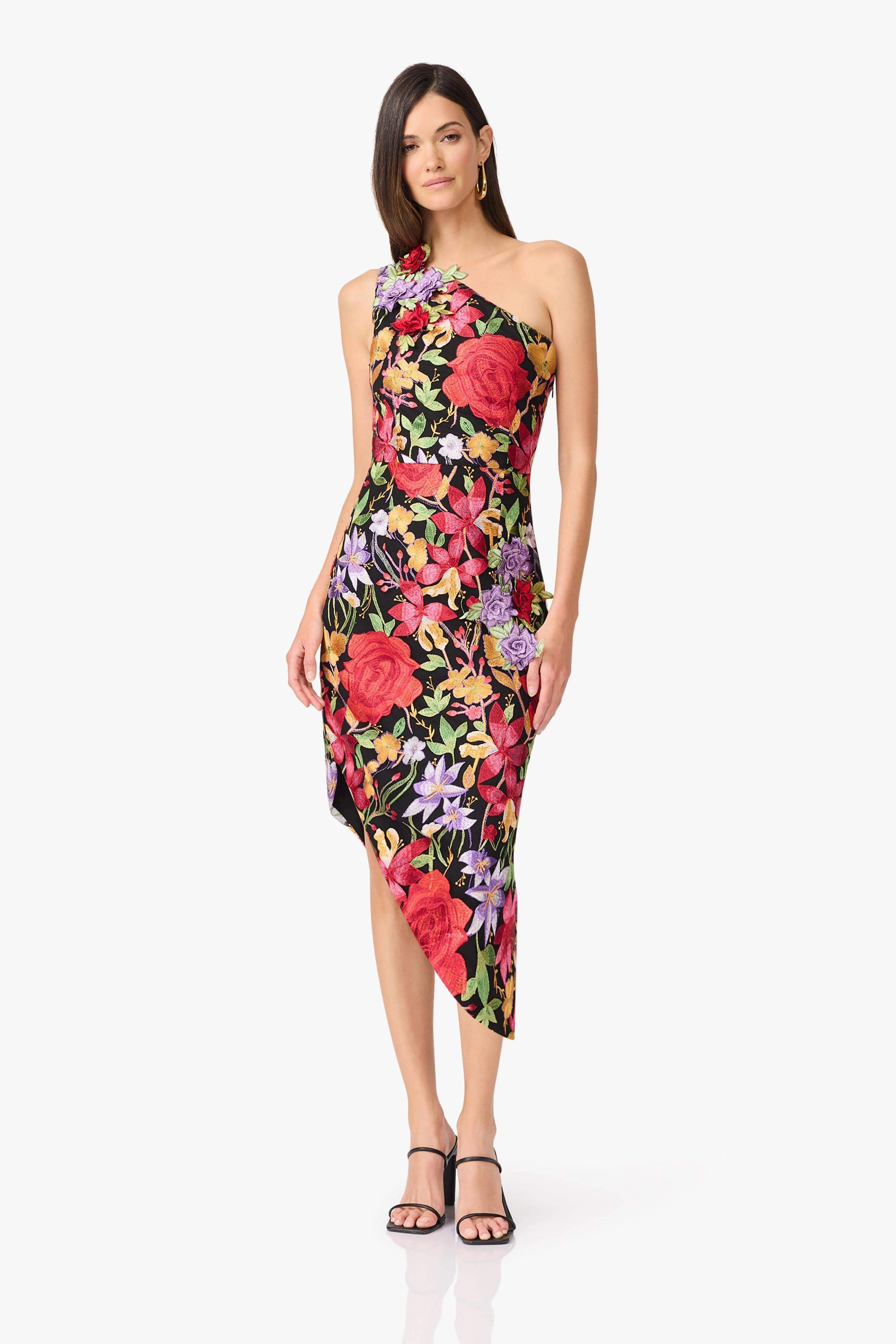 Flowy Texture Quick-Dry Talia Asymmetrical Midi Dress in Black Floral