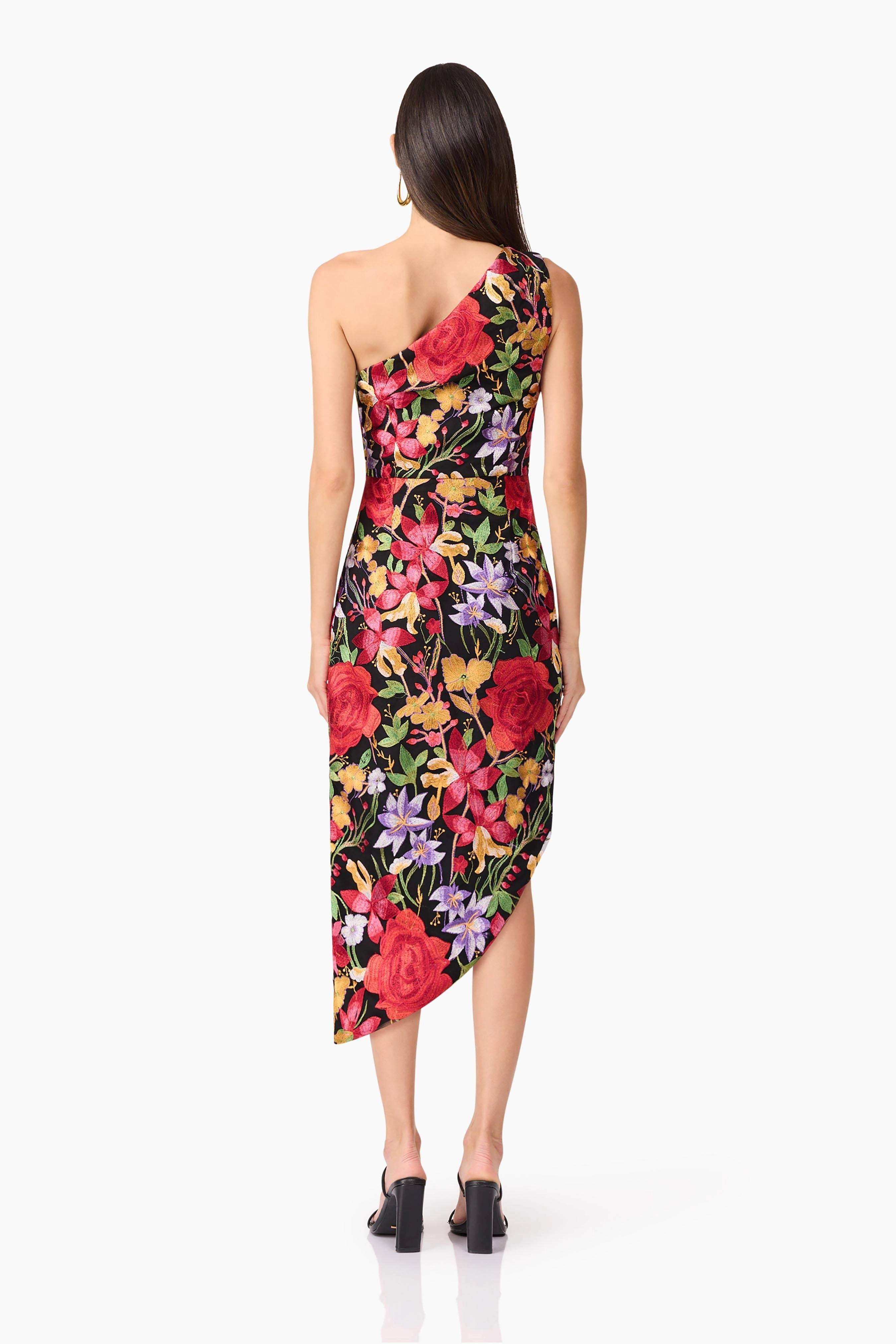Year Rounder Delicate Lines Talia Asymmetrical Midi Dress in Black Floral