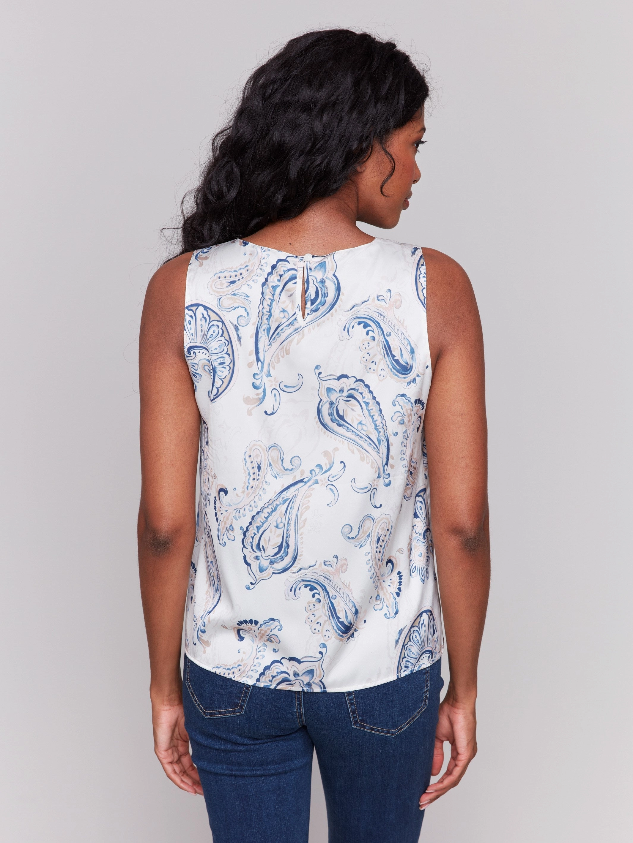 Printed Satin Sleeveless Top - Ivory Smooth Zipper Design