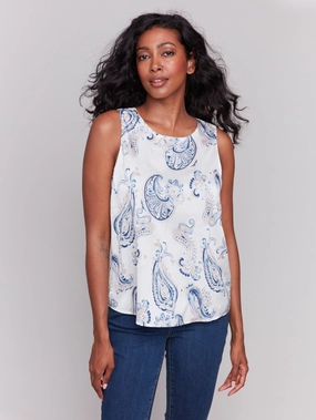 Printed Satin Sleeveless Top - Ivory Polished Placket