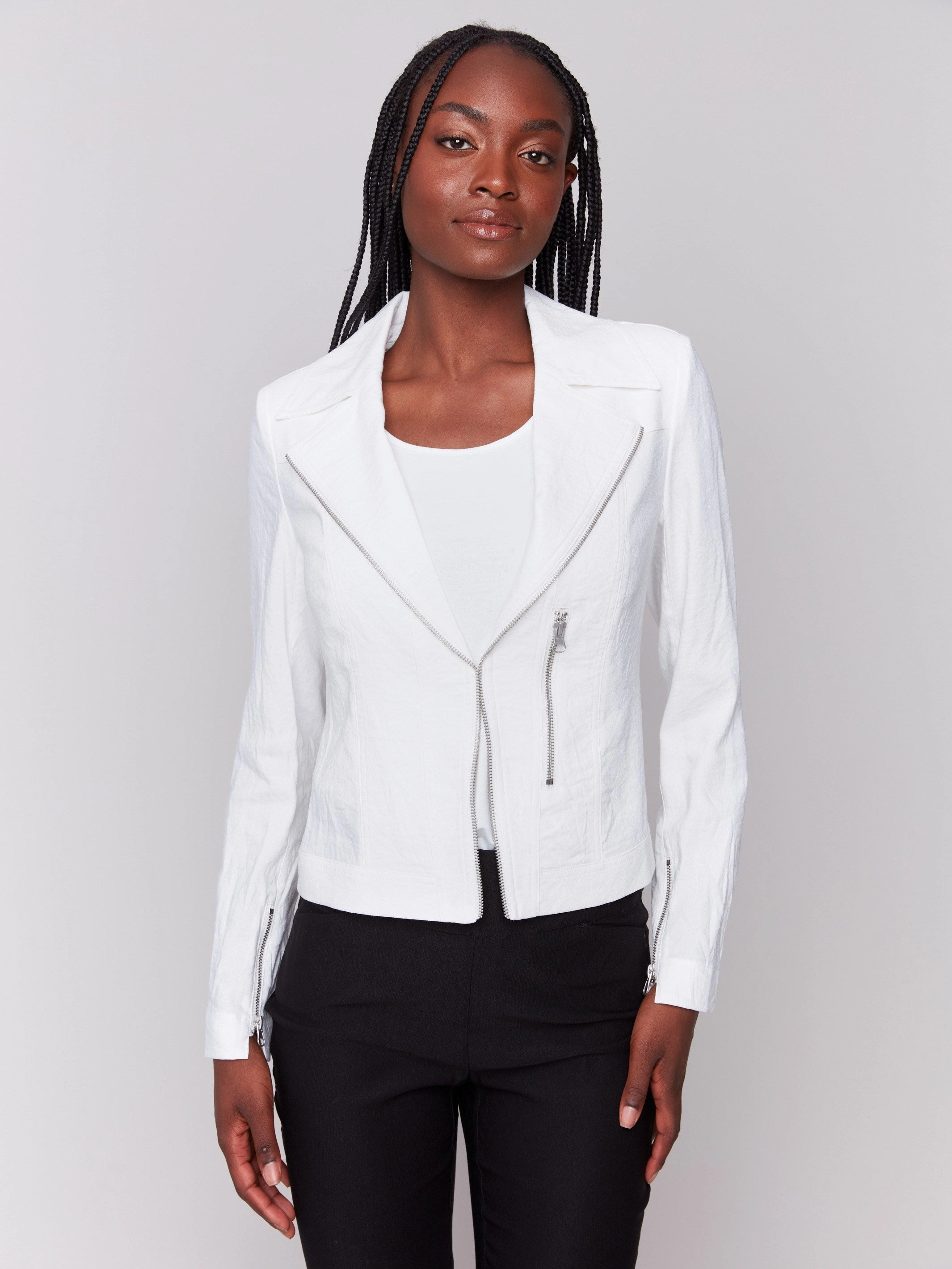 Compression Fold Design Multi Pocket Layout Crinkle Rayon Biker Jacket - White