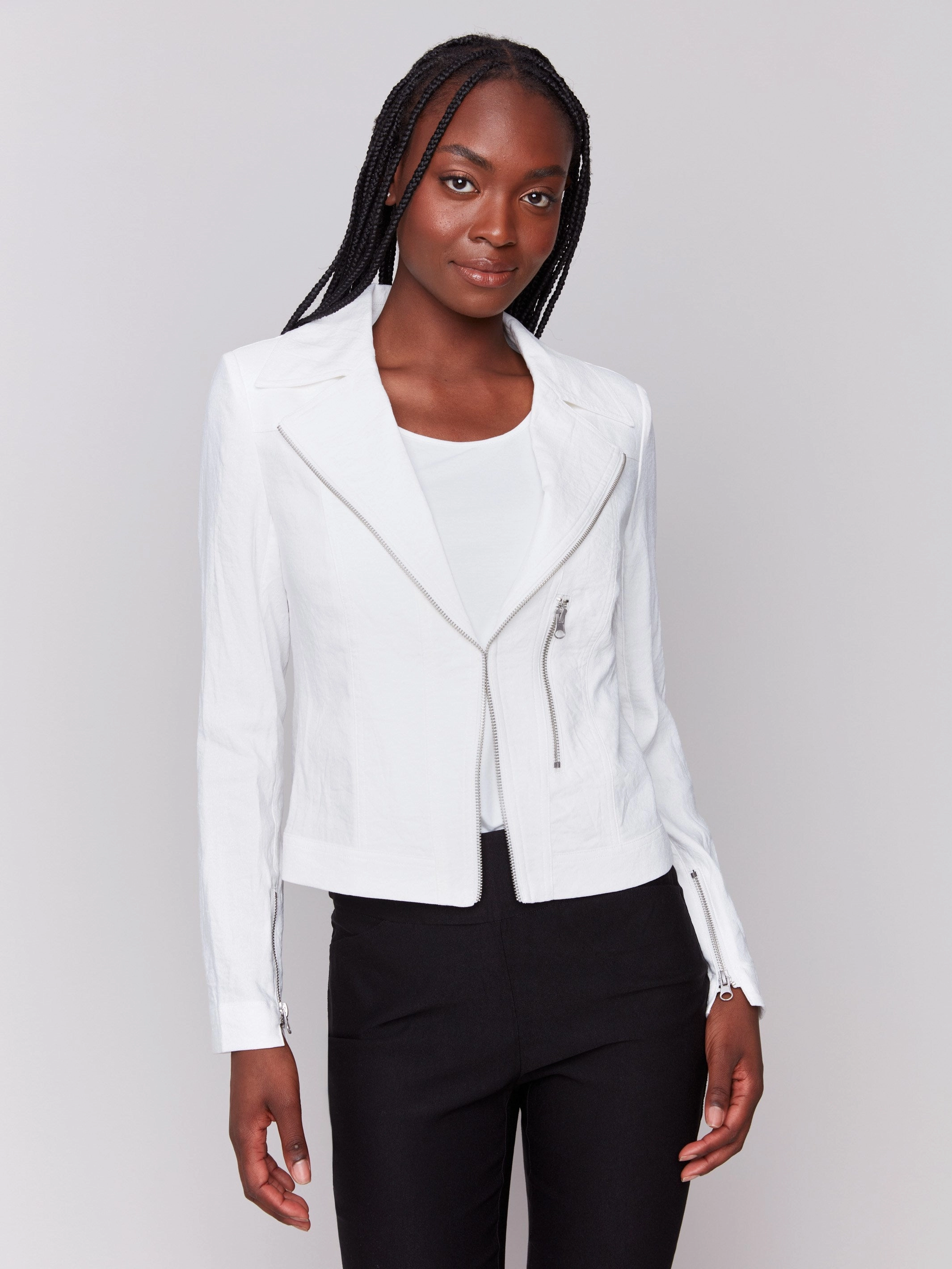 ThermalReflective Ventilated Back Panel Crinkle Rayon Biker Jacket - White