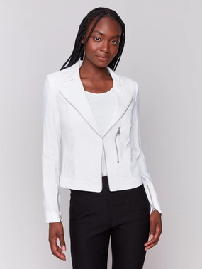 Crinkle Rayon Biker Jacket - White Flexible Comfort Smooth Zipper Glides