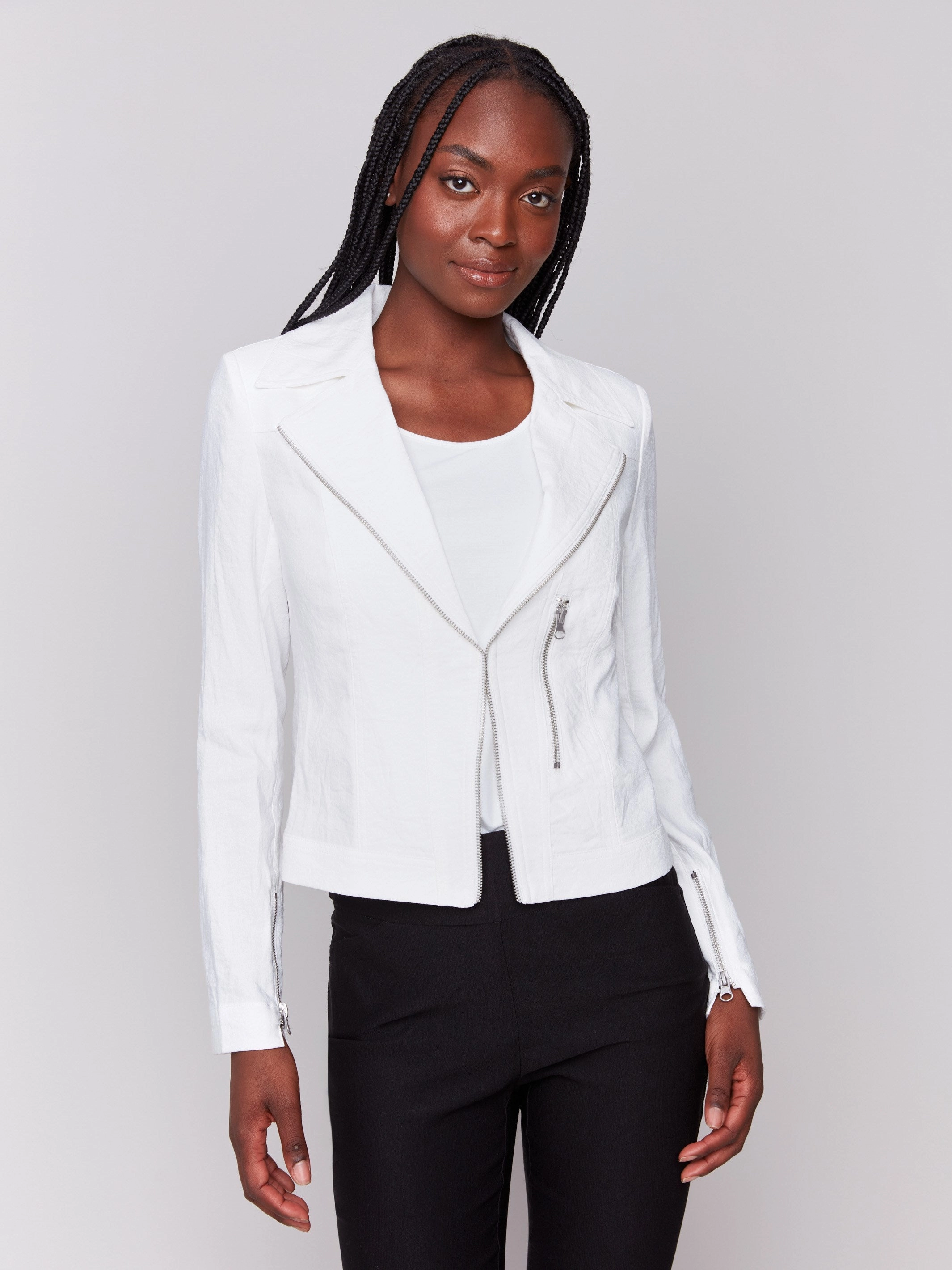 Crinkle Rayon Biker Jacket - White Flexible Comfort Smooth Zipper Glides