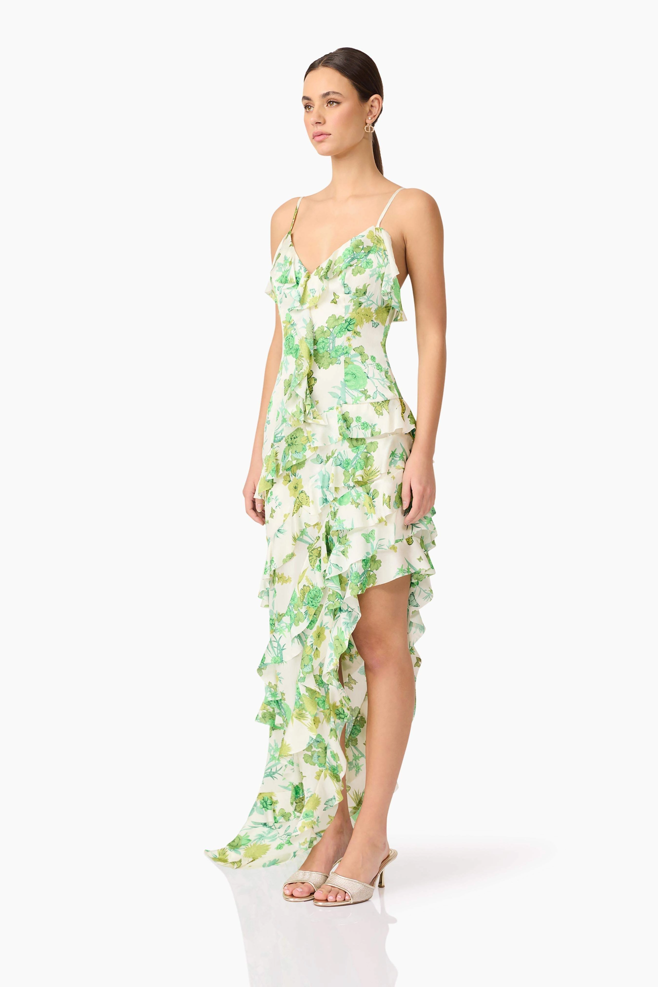 Soft color Feminine Comfort Tess Floral Asymmetrical Maxi Dress in Green
