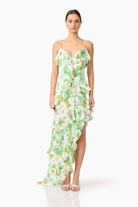 Layered Form Tess Floral Asymmetrical Maxi Dress in Green