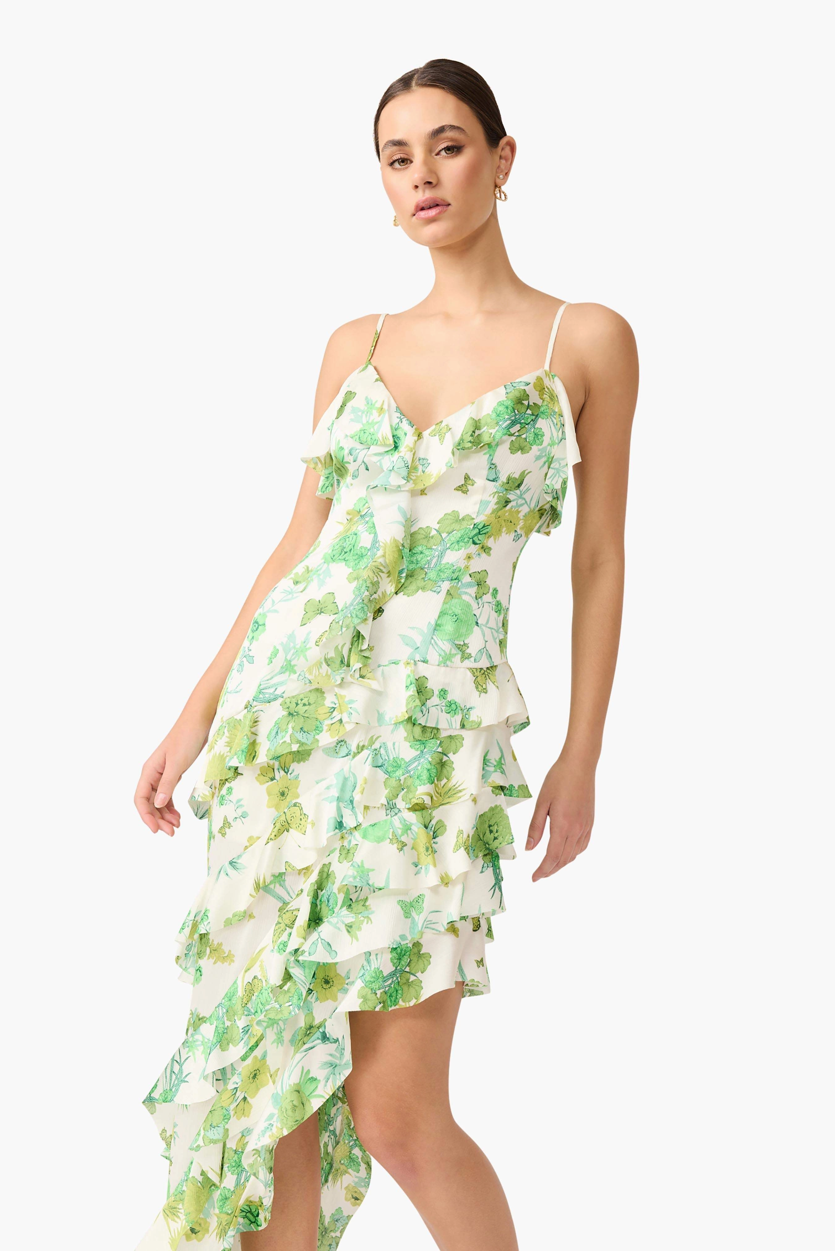 Easy Lovely Tess Floral Asymmetrical Maxi Dress in Green