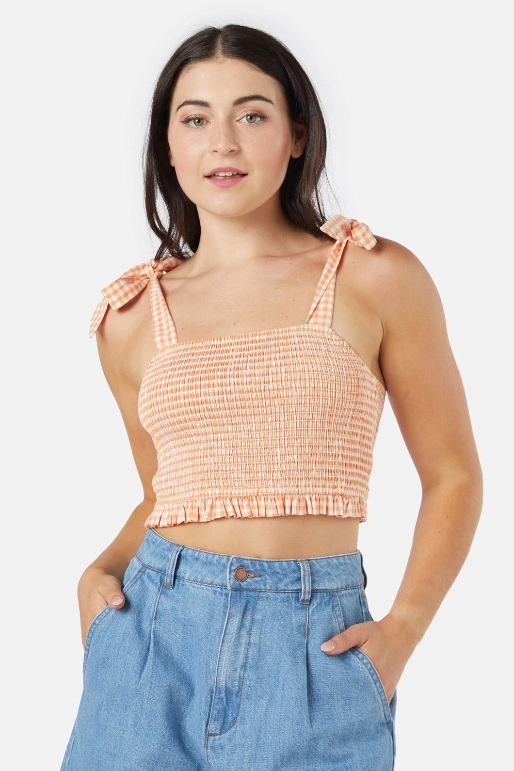 Lightweight Weave Material Chic Look Tessa Check Shirred Top