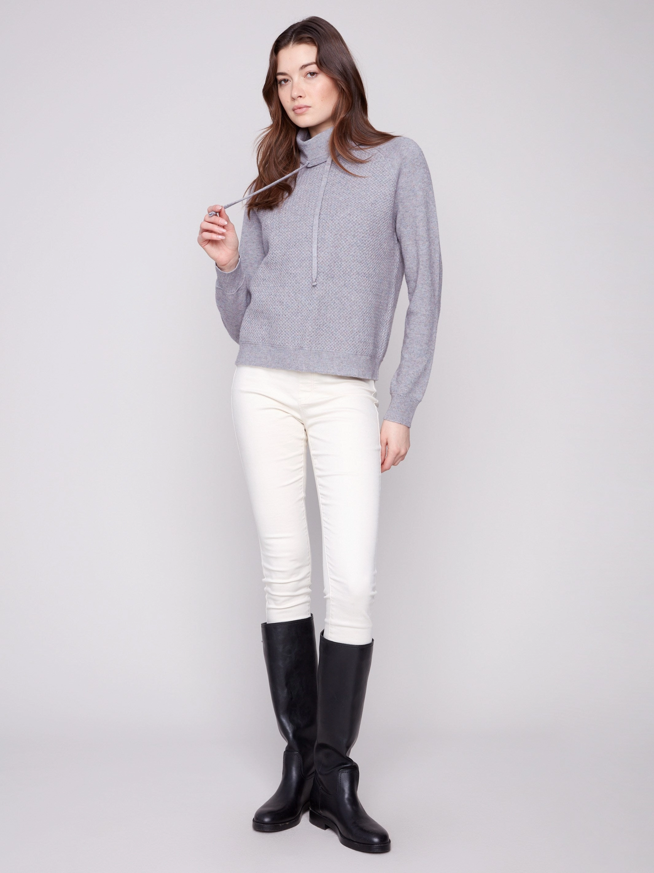 Textured Cowl Neck Knit Sweater - Heather Grey Graceful