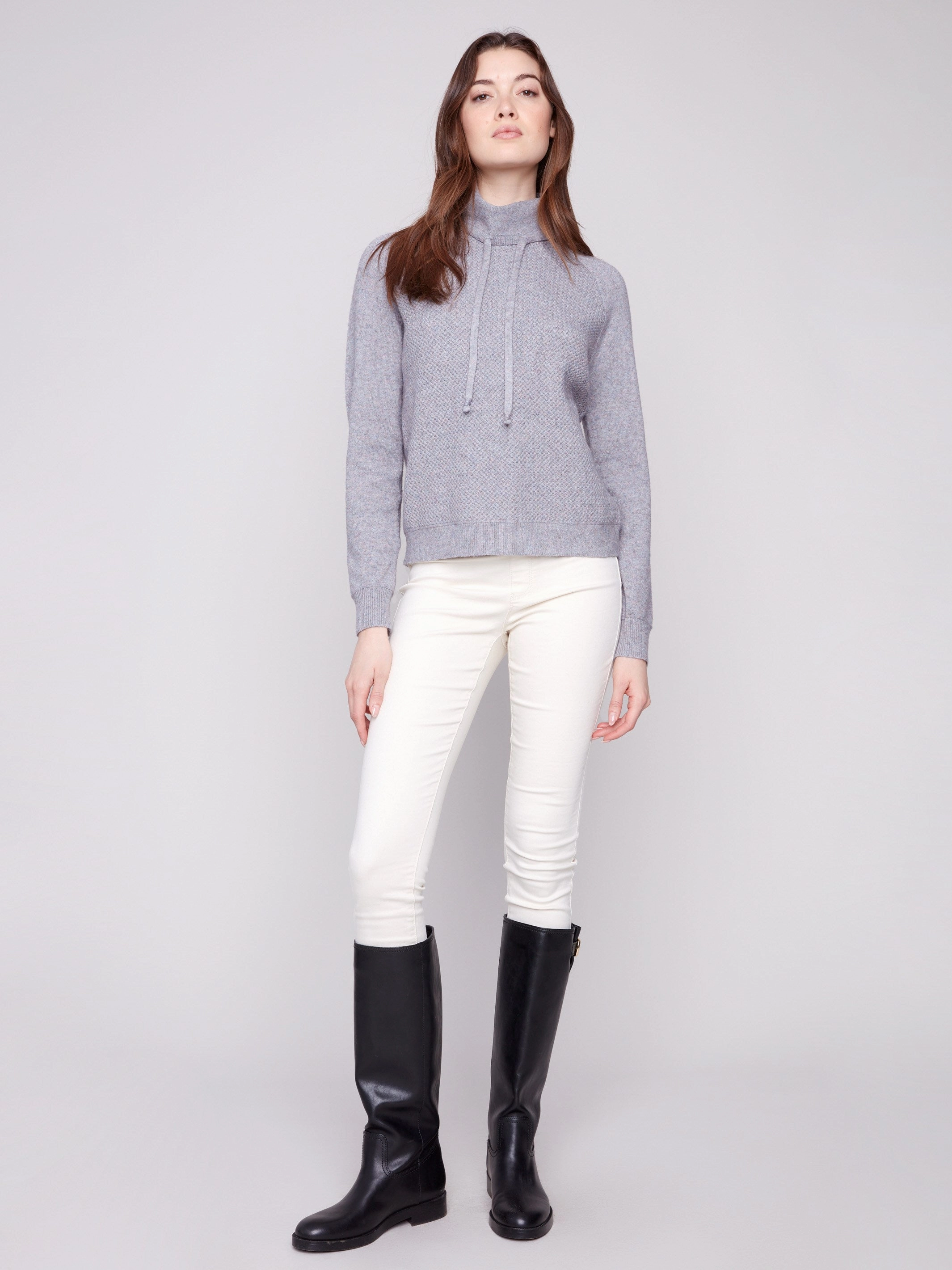 Video Textured Cowl Neck Knit Sweater - Heather Grey